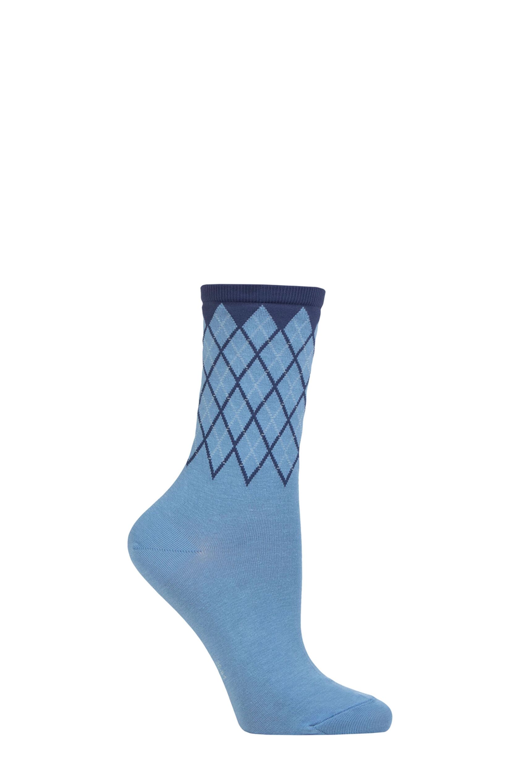 Women's 1 Pair Burlington Mayfair Cotton Argyle Topped Socks Light Blue 3.5-7 Ladies