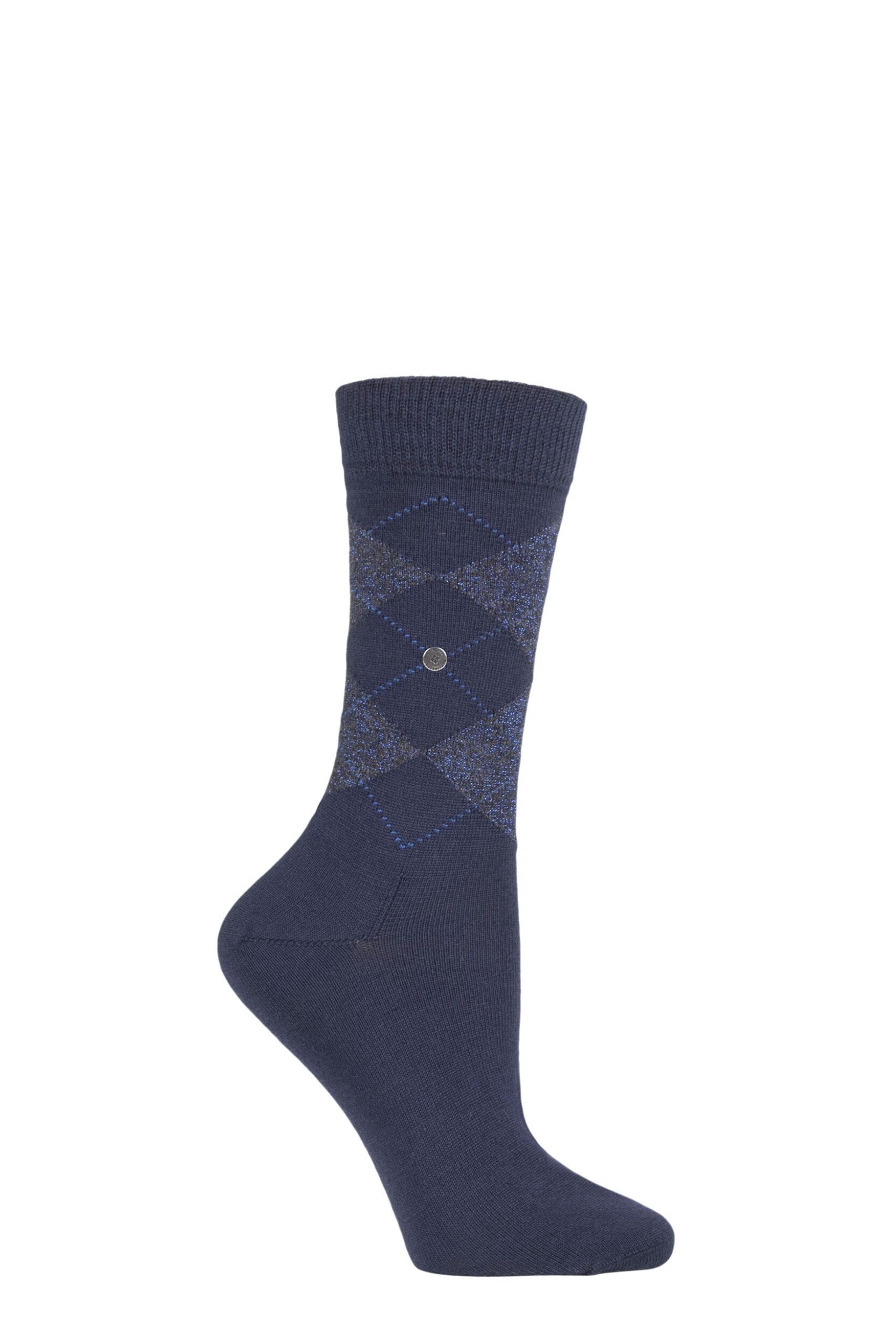 Women's 1 Pair Burlington Marylebone Lurex Virgin Wool Socks Navy 3.5-7.5 Ladies