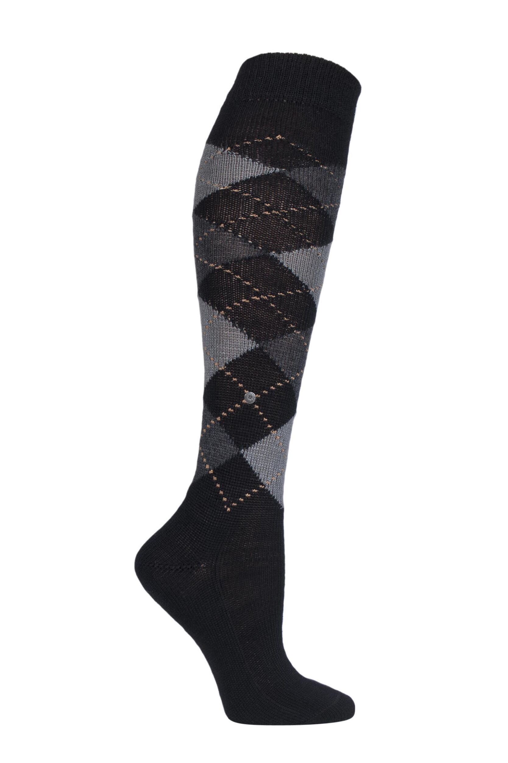 1 Pair Black / Grey / Light Grey Whitby Extra Soft Argyle Knee High Socks Ladies 3.5-7 Ladies - Burlington