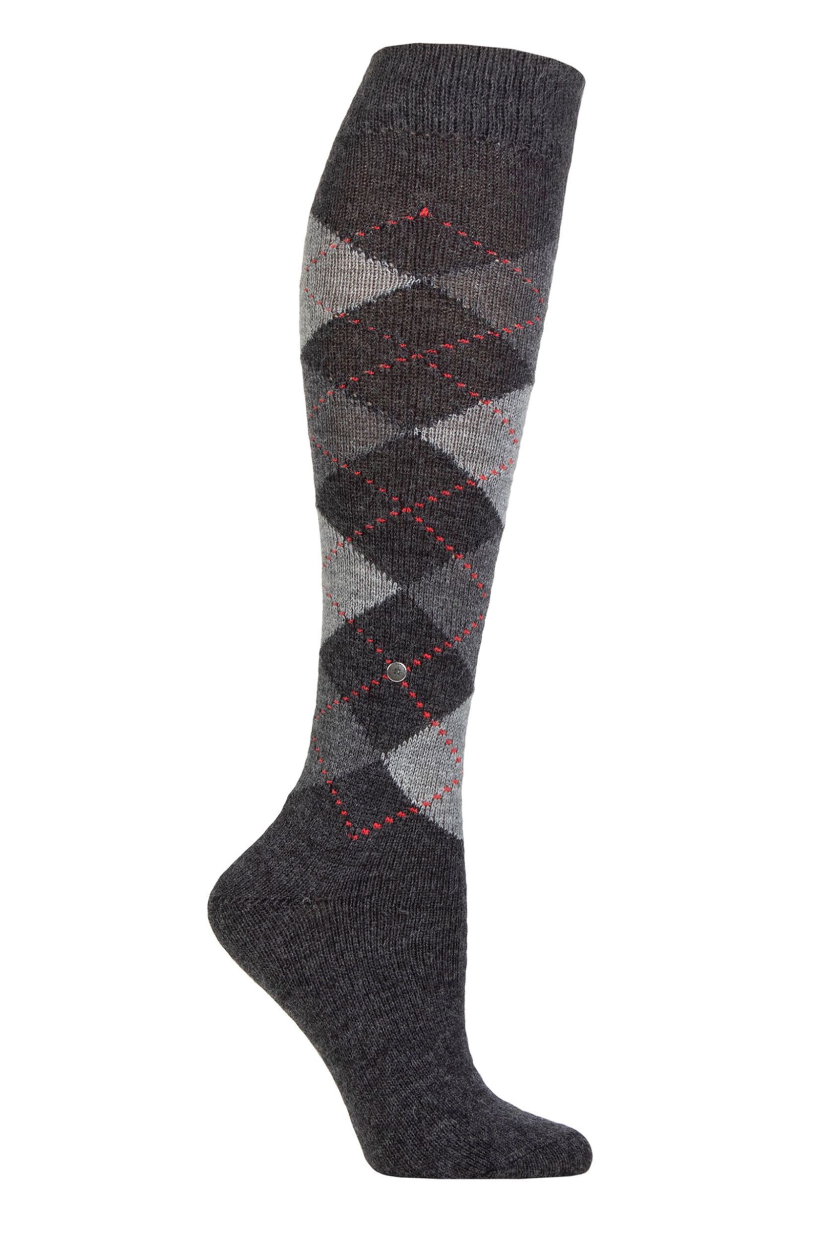 Women's 1 Pair Burlington Whitby Extra Soft Argyle Knee High Socks Charcoal 3.5-7 Ladies