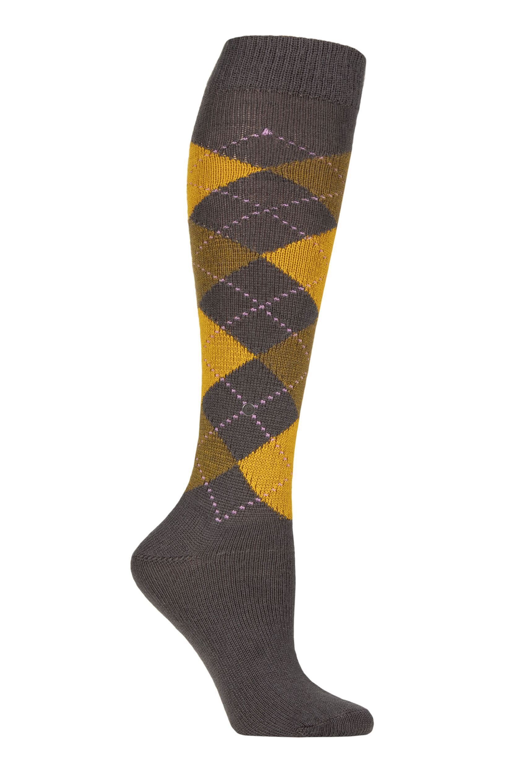 Women's 1 Pair Burlington Whitby Extra Soft Argyle Knee High Socks Grey / Yellow 3.5-7 Women's