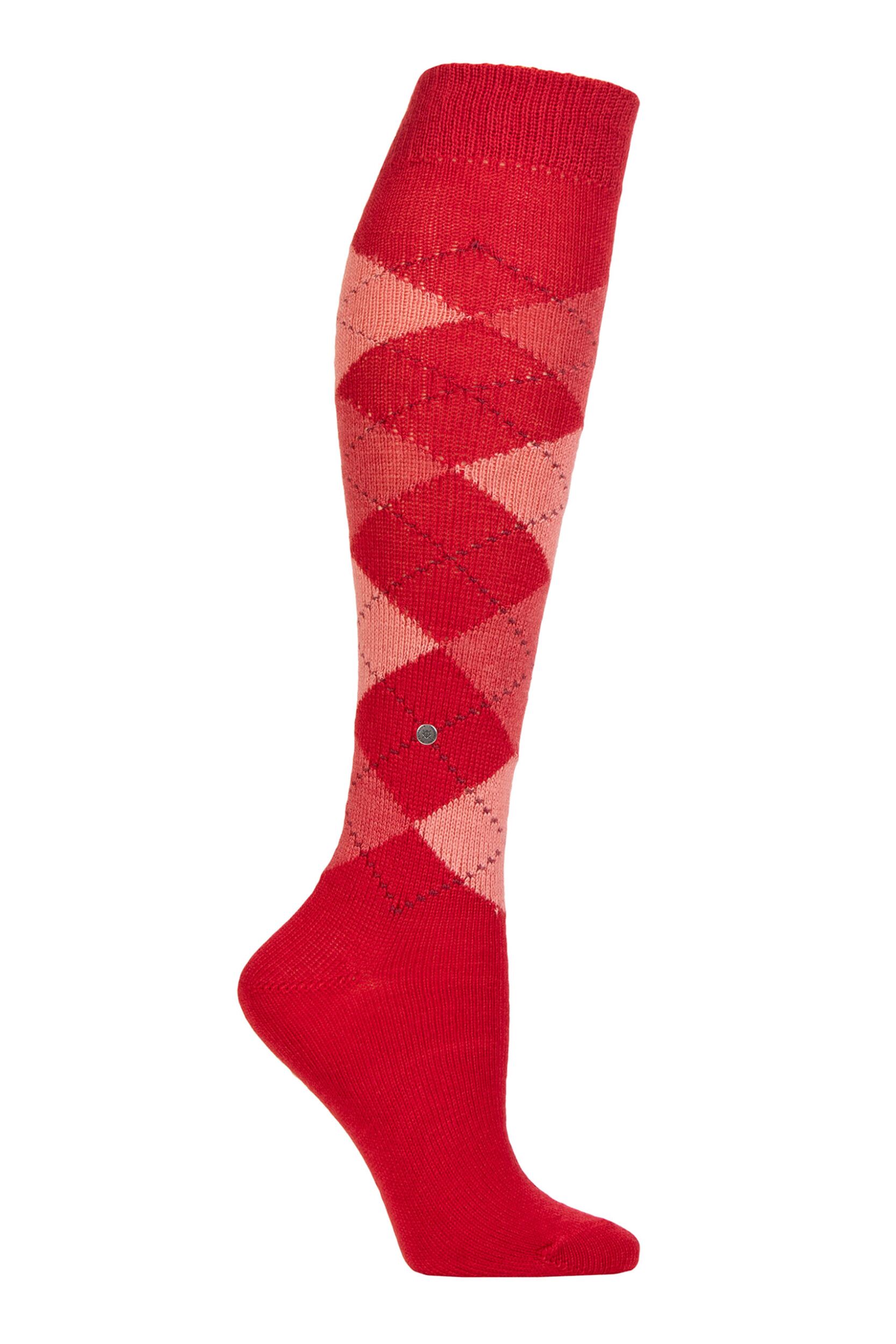 Women's 1 Pair Burlington Whitby Extra Soft Argyle Knee High Socks Red 3.5-7 Ladies