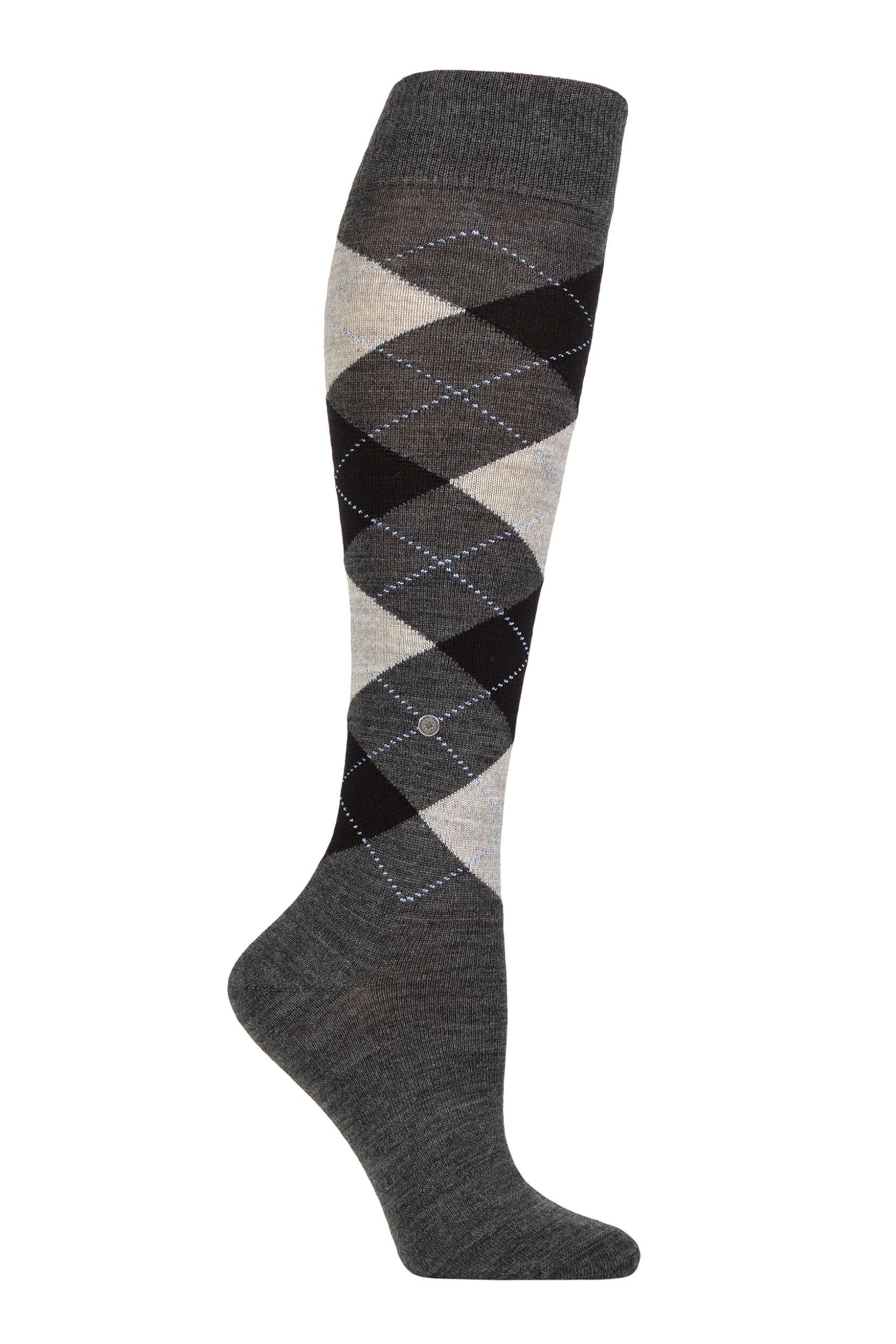 Women's 1 Pair Burlington Marylebone Argyle Wool Knee High Socks Asphalt Melange 3.5-7 Women's