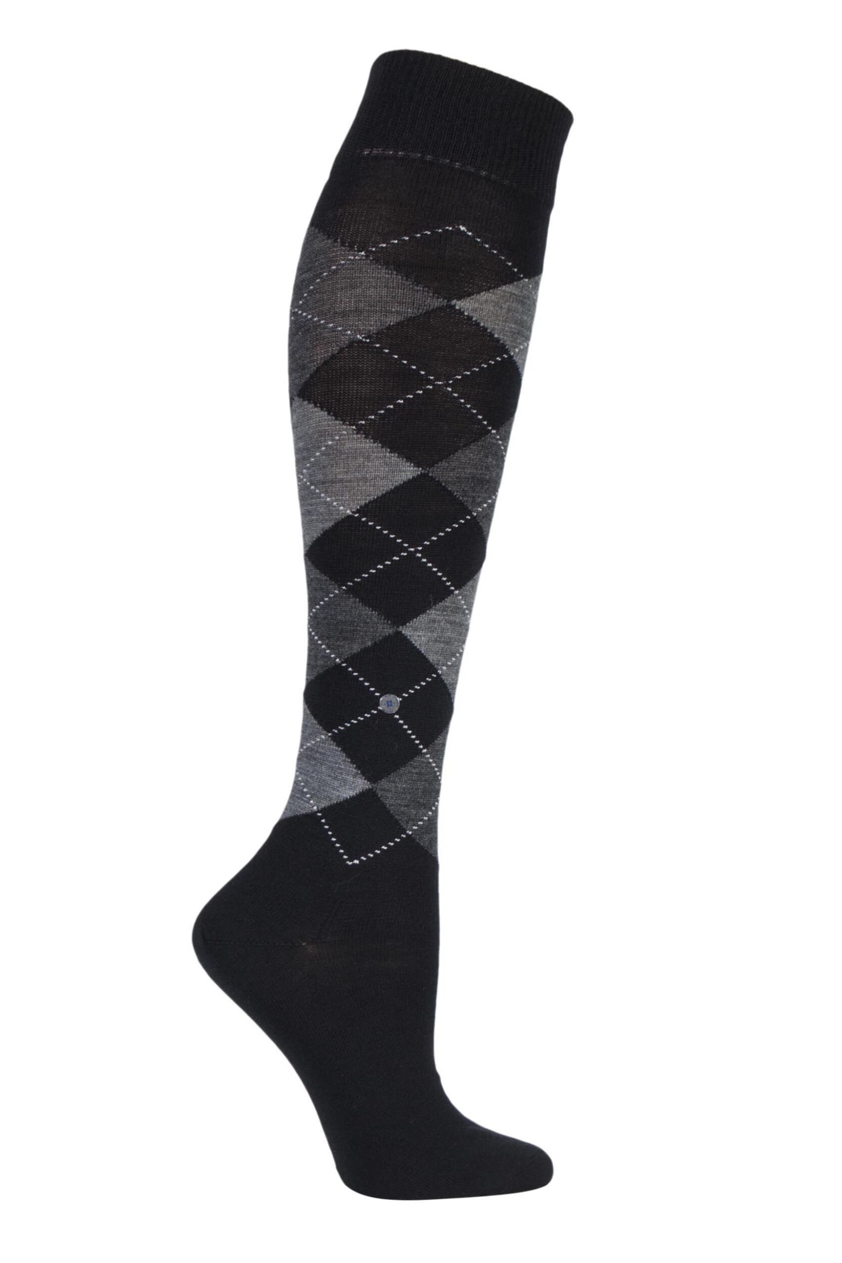 1 Pair Black / Grey Marylebone Argyle Wool Knee High Socks Ladies 3.5-7 Ladies - Burlington