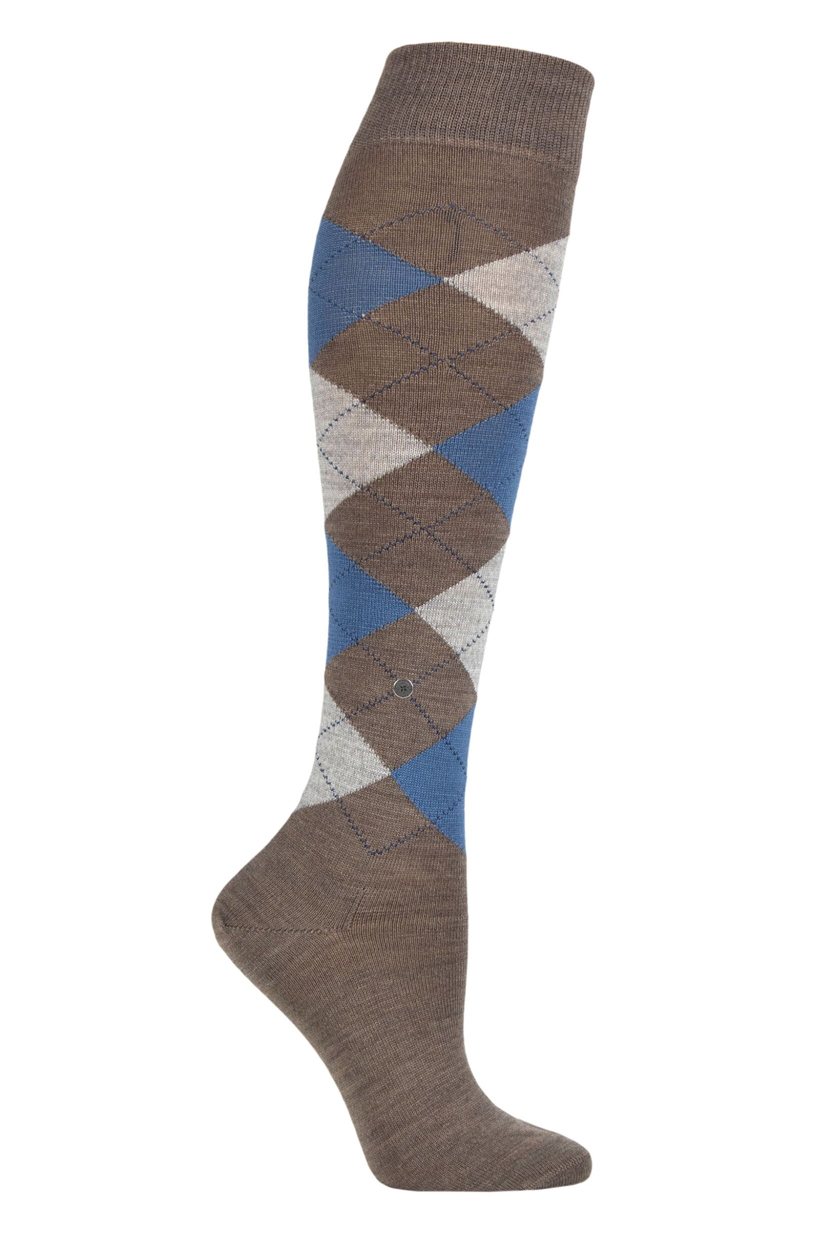 Women's 1 Pair Burlington Marylebone Argyle Wool Knee High Socks Brown / Blue