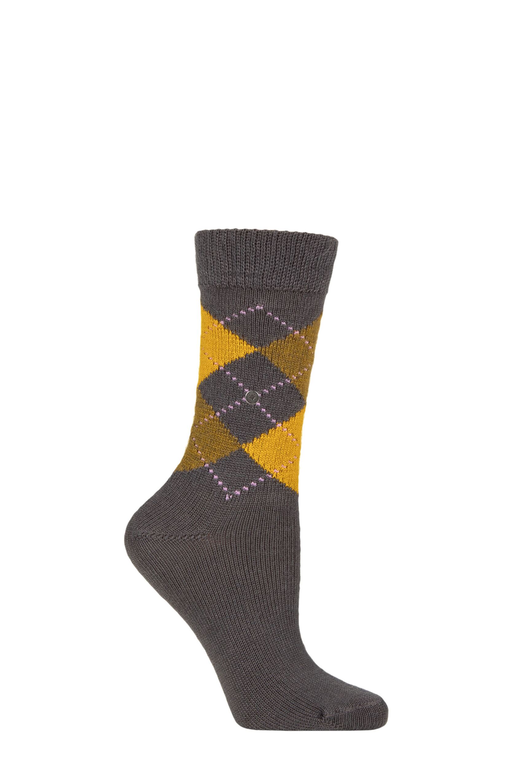 Women’s 1 Pair Burlington Whitby Extra Soft Argyle Socks Grey / Yellow 3.5-7 Women’s