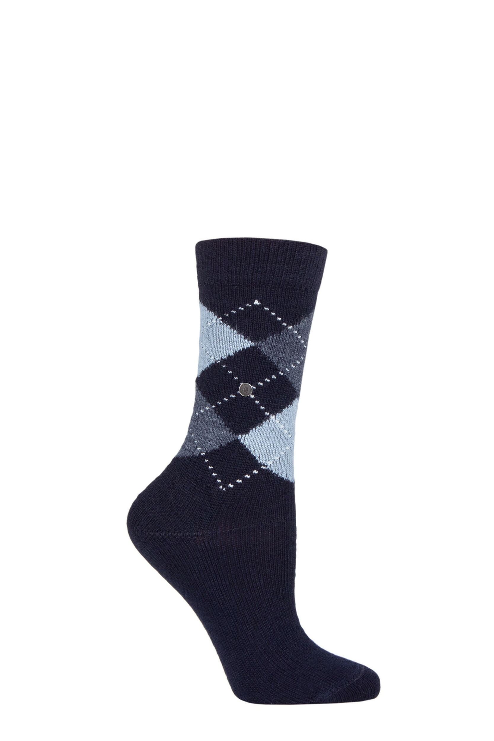 1 Pair Navy / Pale Blue Whitby Extra Soft Argyle Socks Ladies 3.5-7 Ladies - Burlington