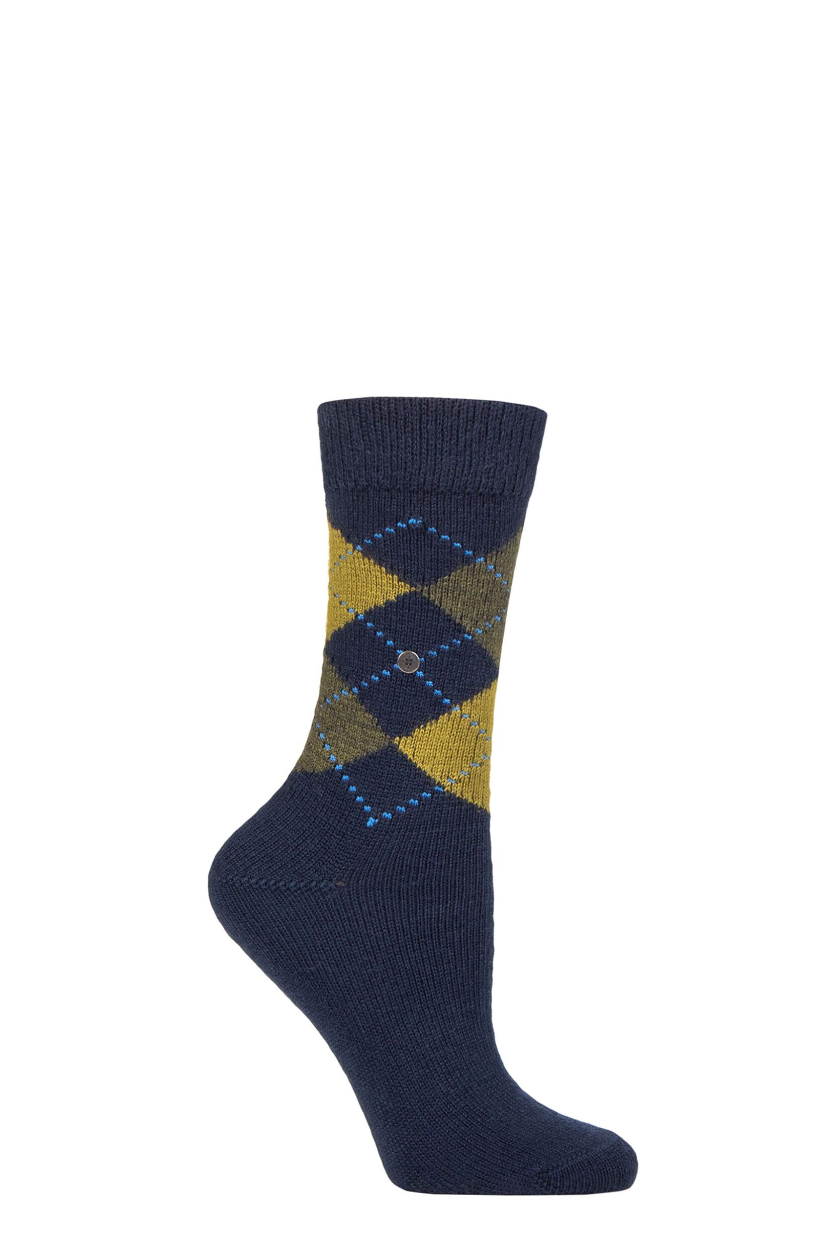 Women's 1 Pair Burlington Whitby Extra Soft Argyle Socks Blue / Yellow 3.5-7 Ladies