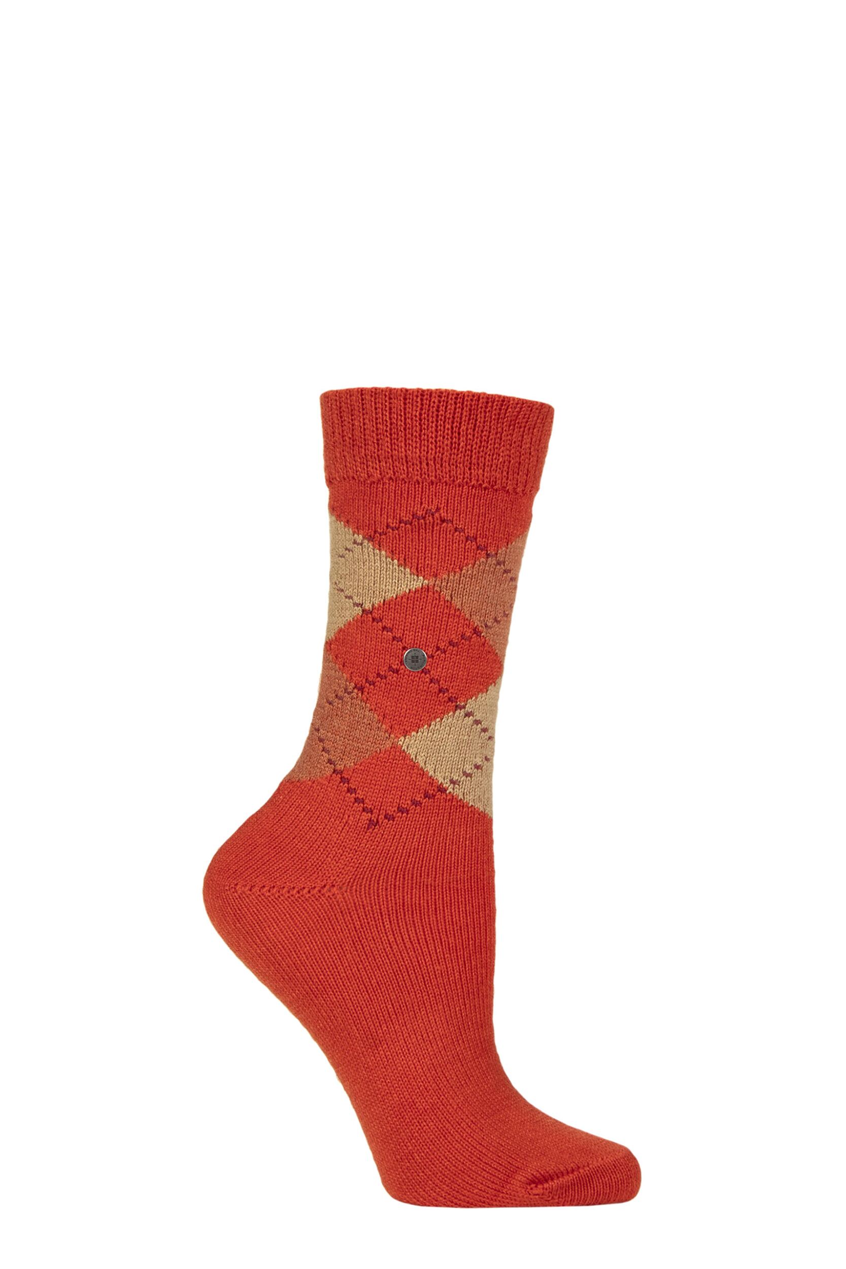 Women's 1 Pair Burlington Whitby Extra Soft Argyle Socks Orange 3.5-7 Women's