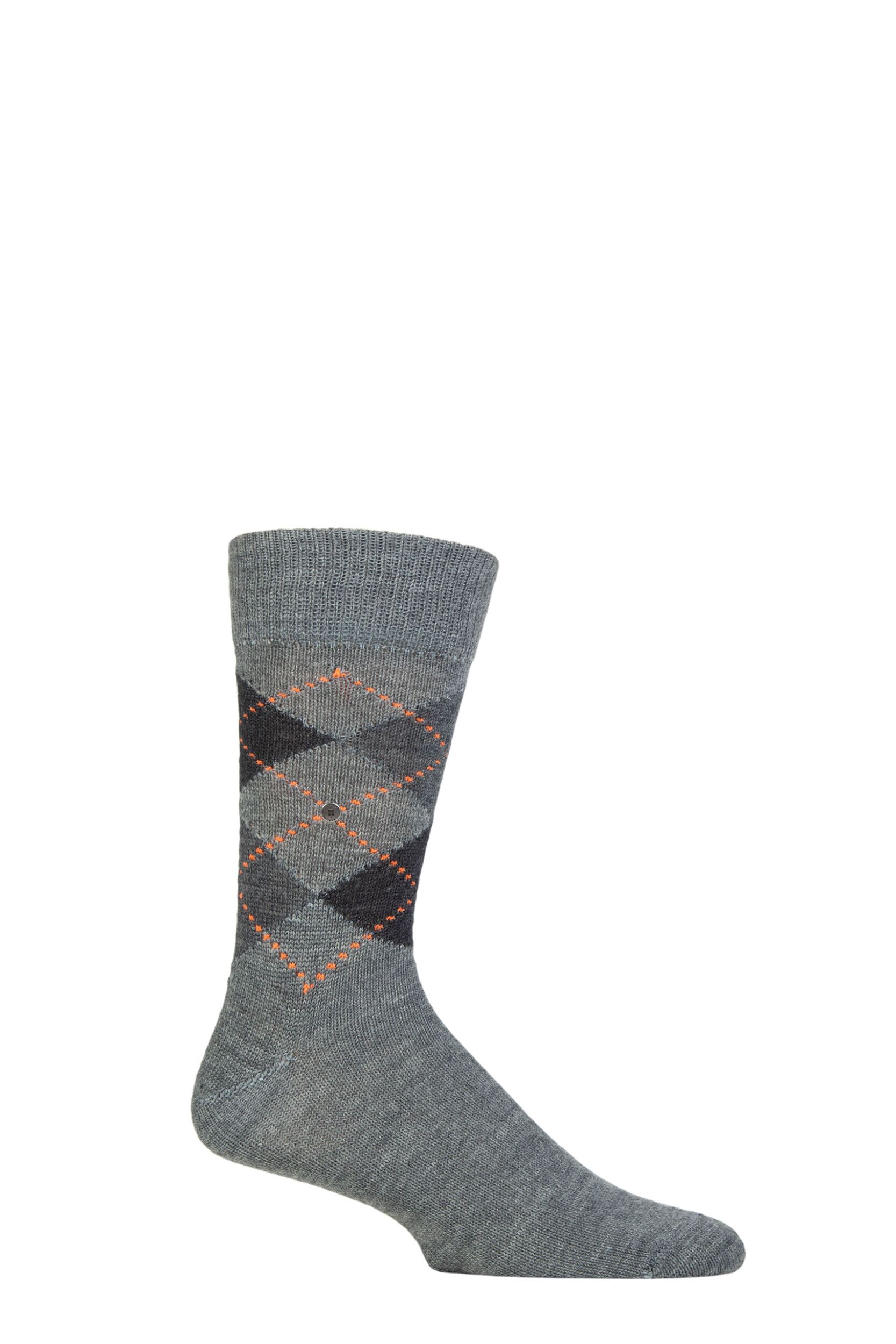 Mens 1 Pair Burlington Preston Extra Soft Feeling Argyle Socks Grey / Black 6.5-11