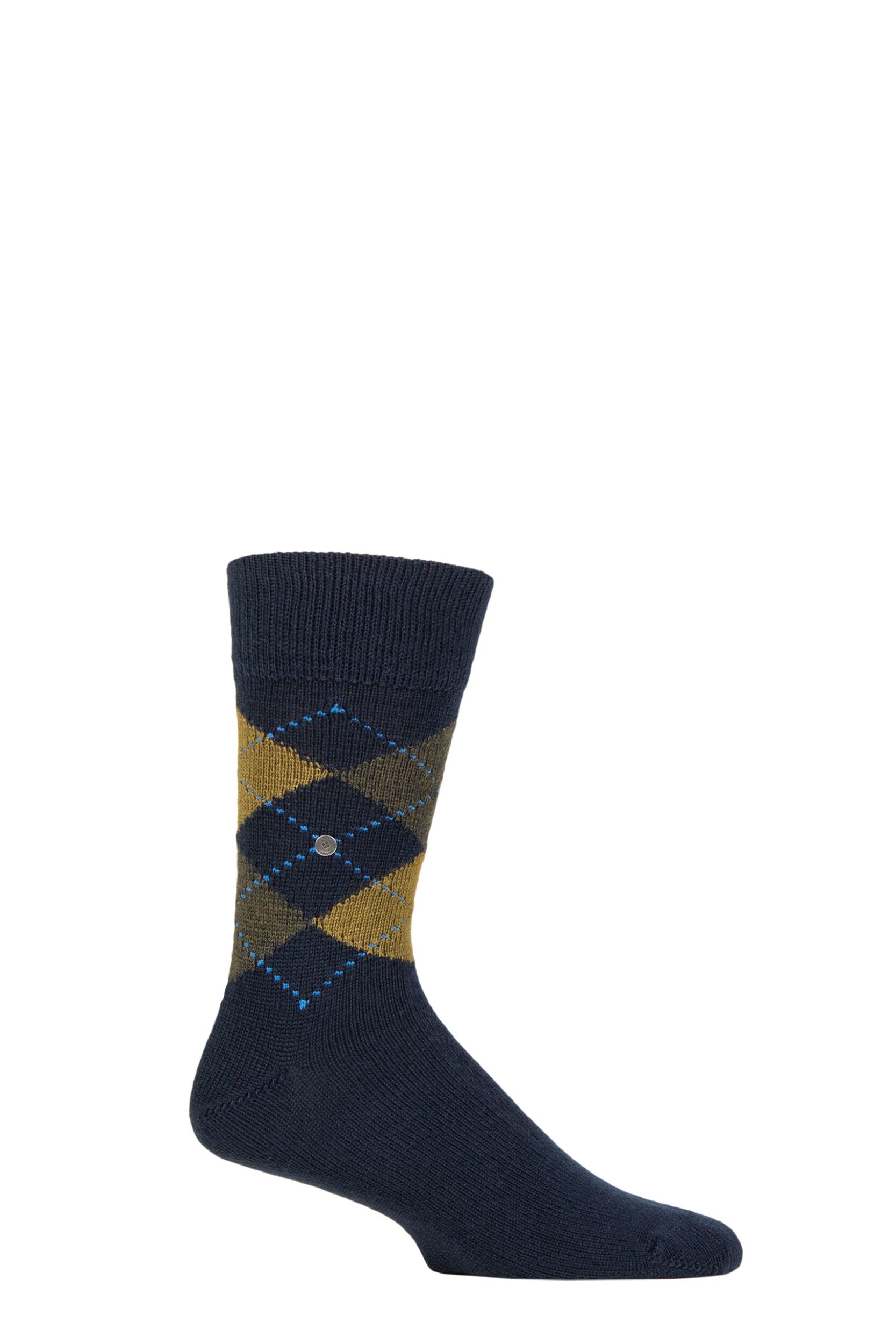Mens 1 Pair Burlington Preston Extra Soft Feeling Argyle Socks Navy / Yellow 6.5-11