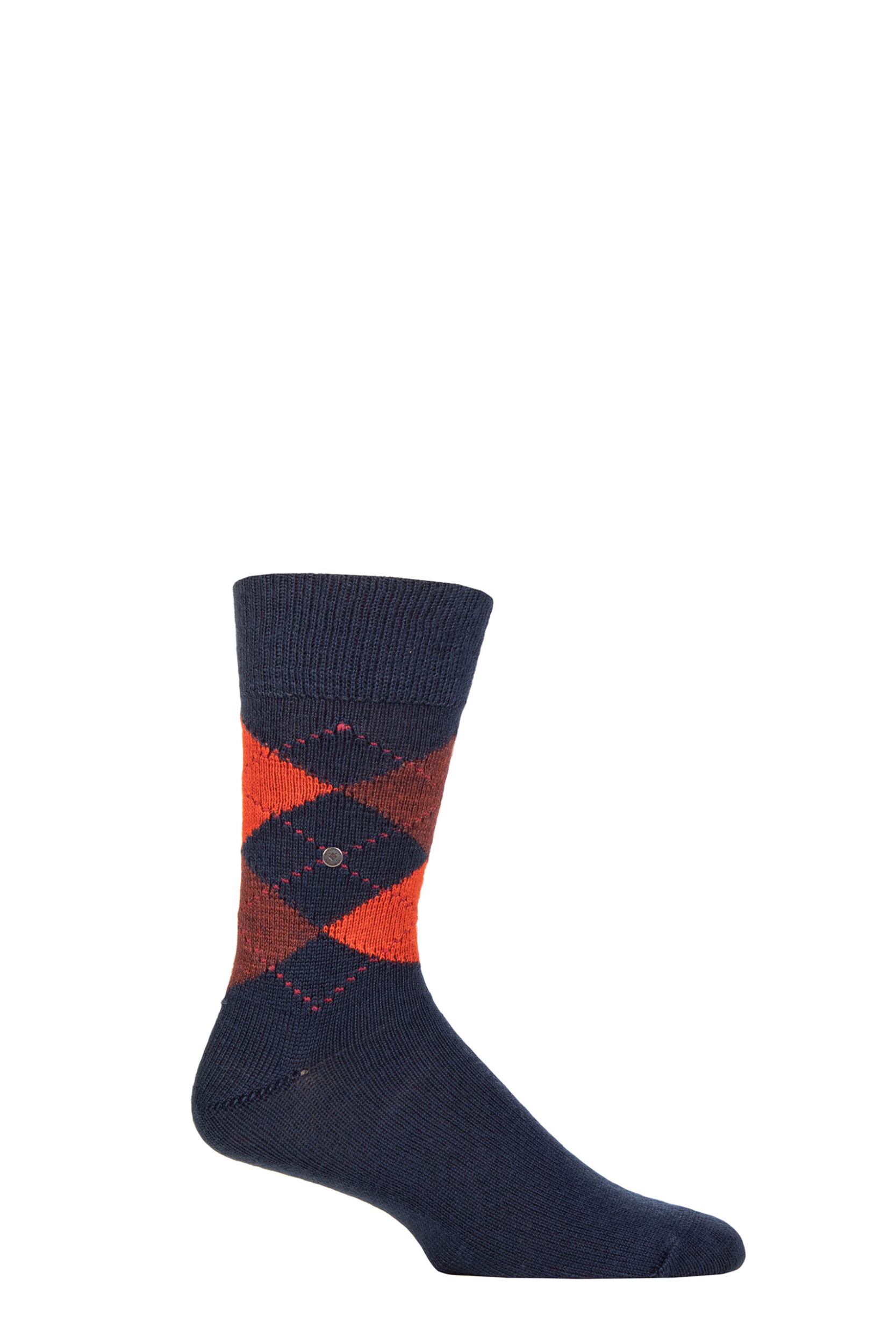 Mens 1 Pair Burlington Preston Extra Soft Feeling Argyle Socks Navy / Orange 6.5-11 Mens