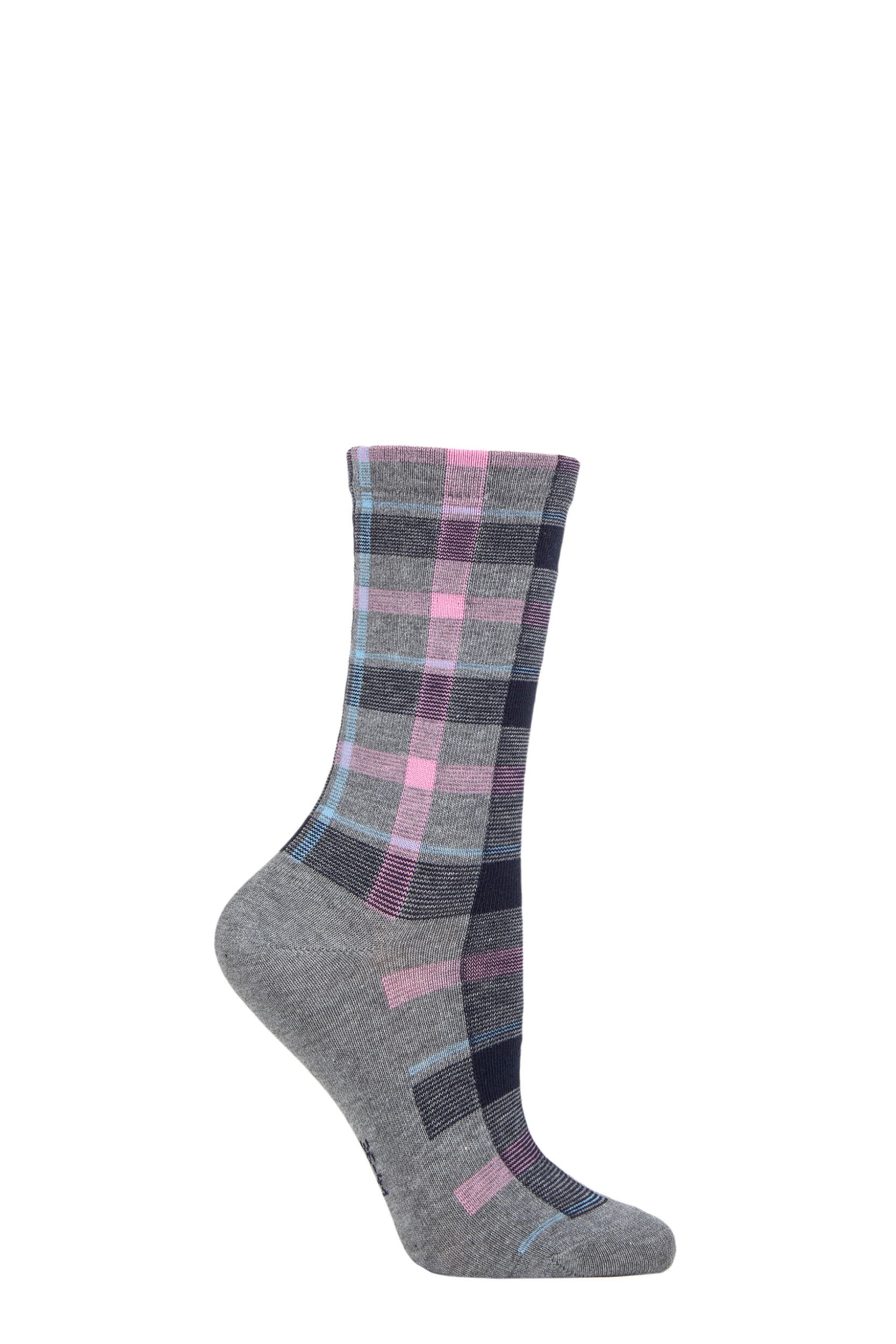 Women's 1 Pair Burlington Modular Check Tartan Cotton Socks Grey 3.5-7 Ladies