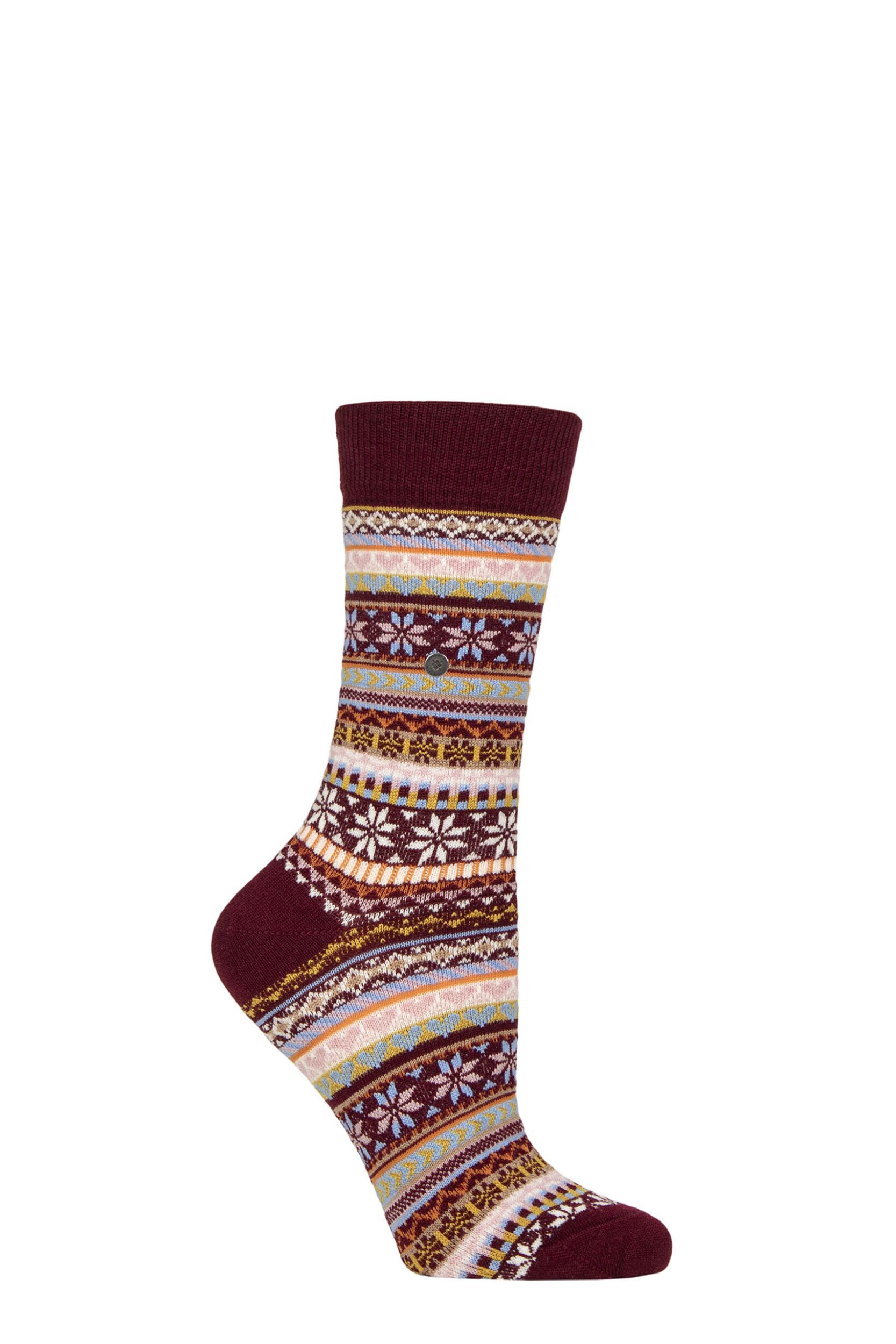 Women's 1 Pair Burlington Fair Isle Delight Wool Socks Red 3.5-7 Women's