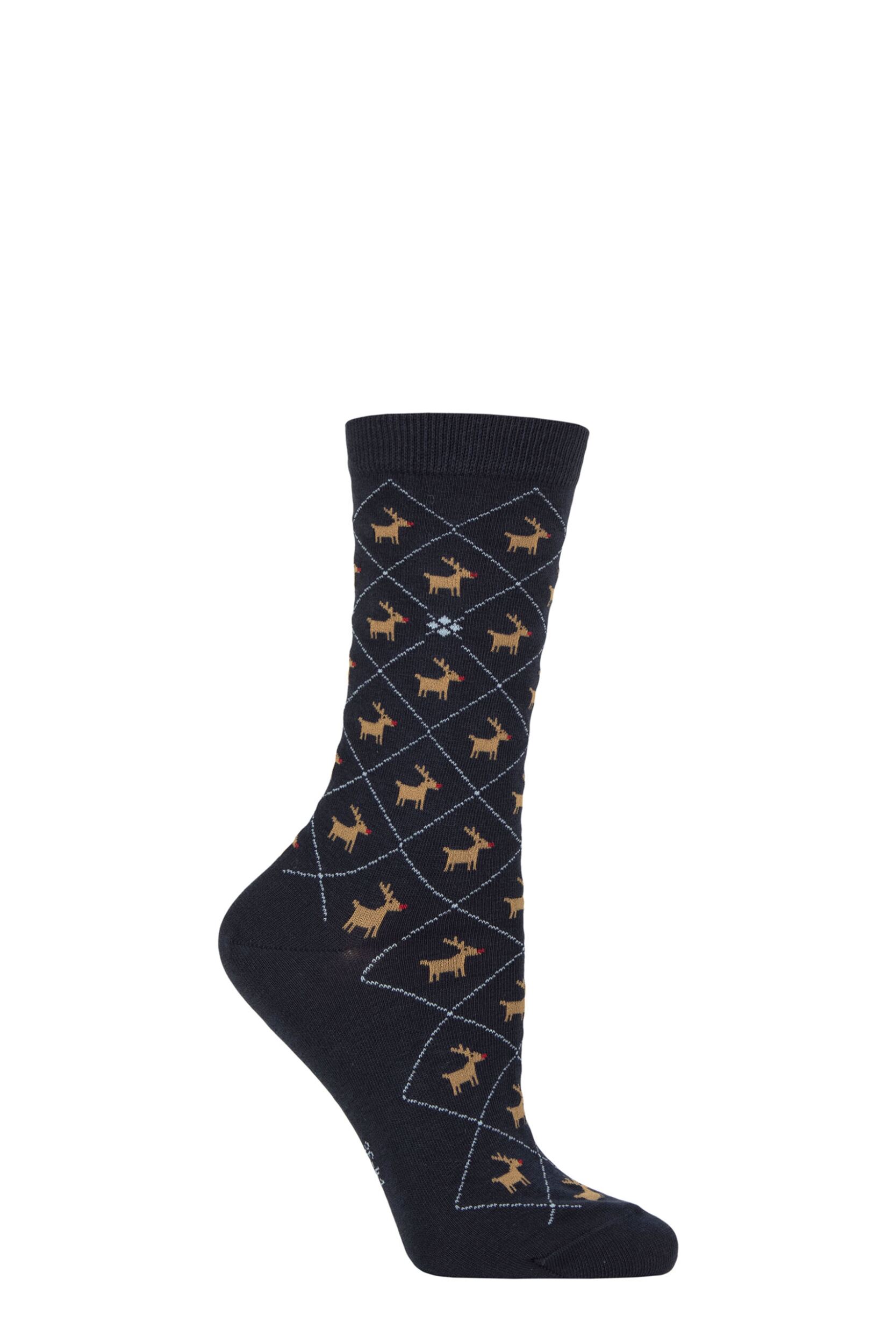 Women’s 1 Pair Burlington Christmas Reindeer Cotton Socks Navy 3.5-7 Women’s