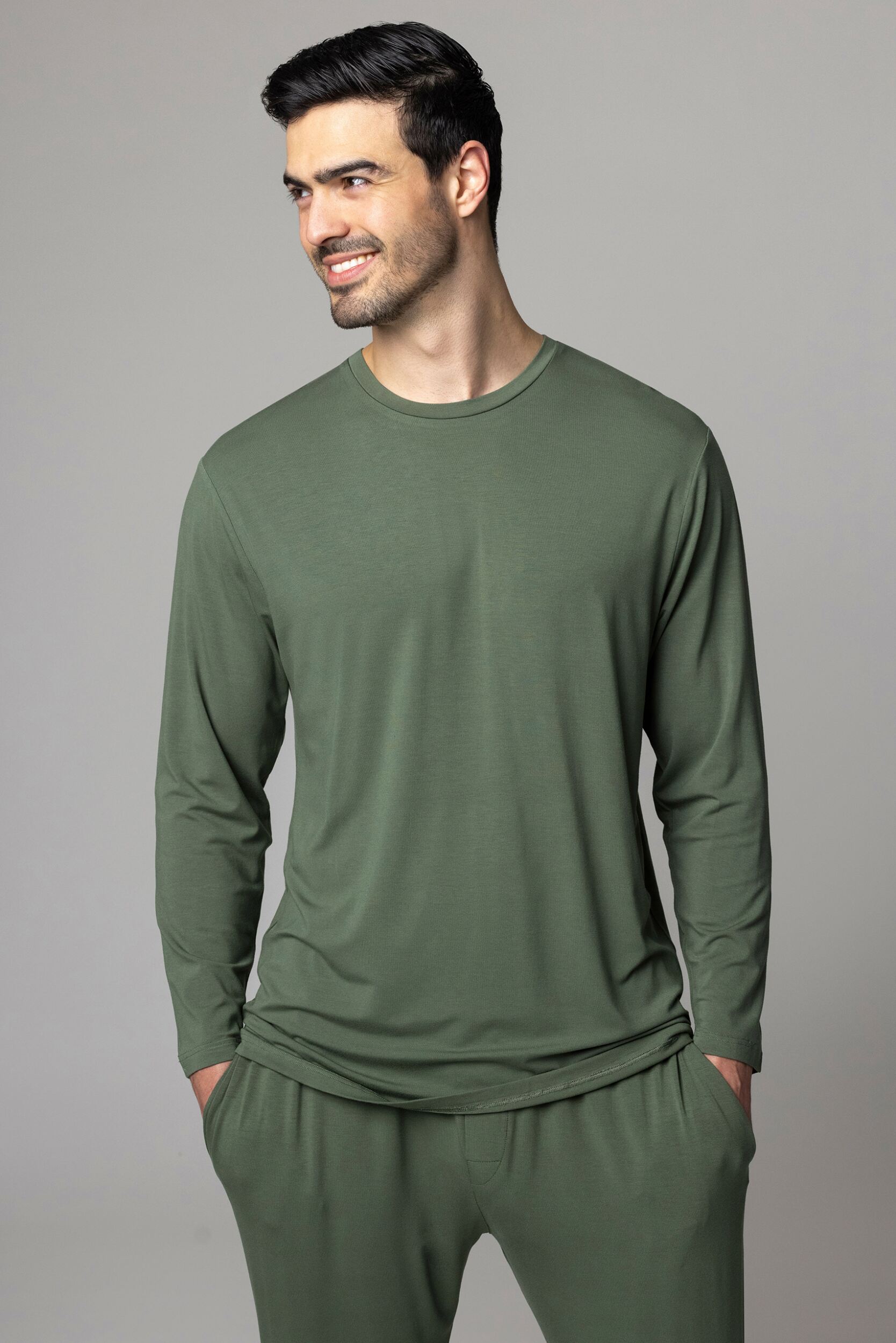 Mens 1 Pack Lazy Panda Bamboo Loungewear Selection Long Sleeved Top Olive Green Large
