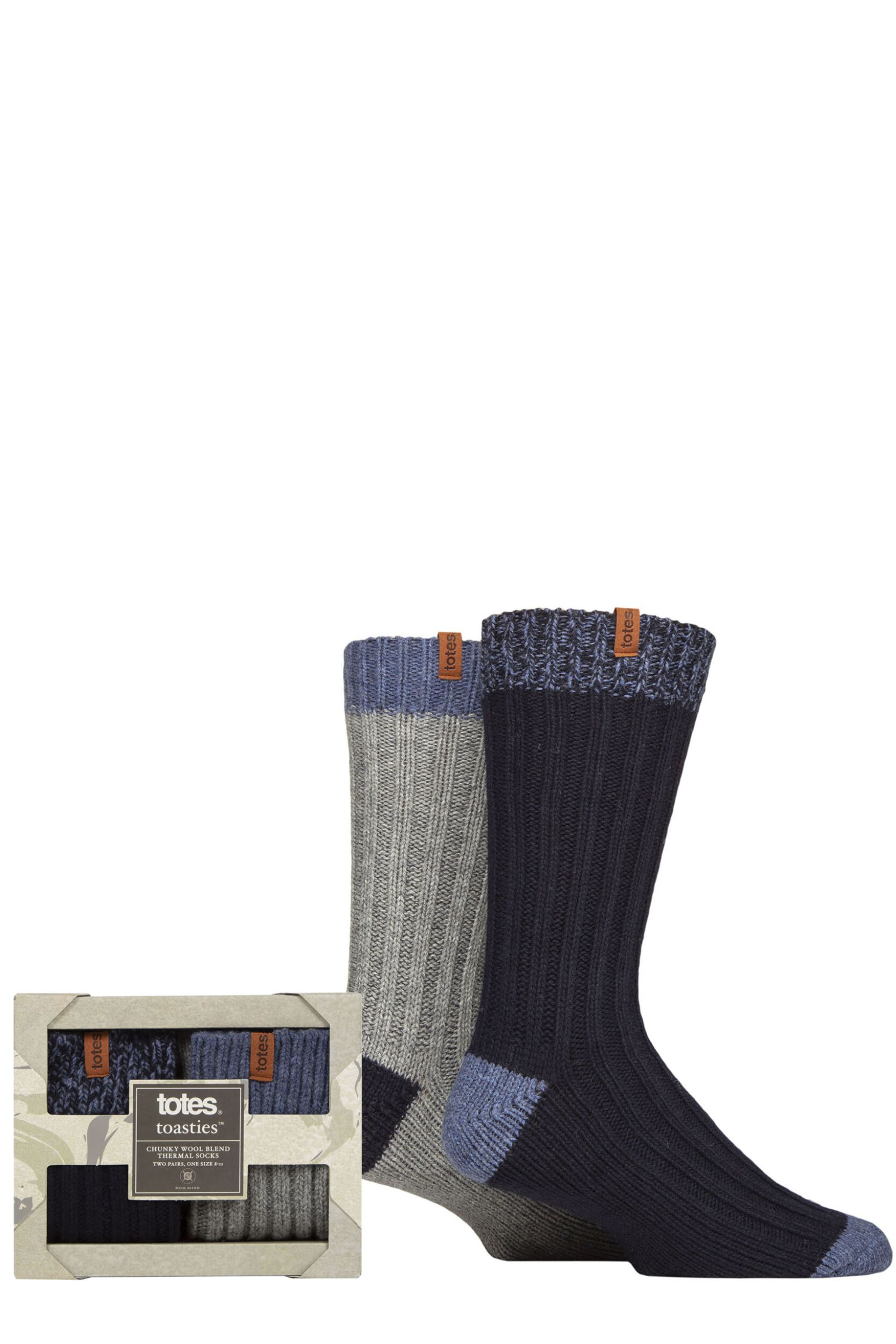 Mens 2 Pair Totes Chunky Twist Thermal Boot Socks Navy / Grey 8-11 Mens