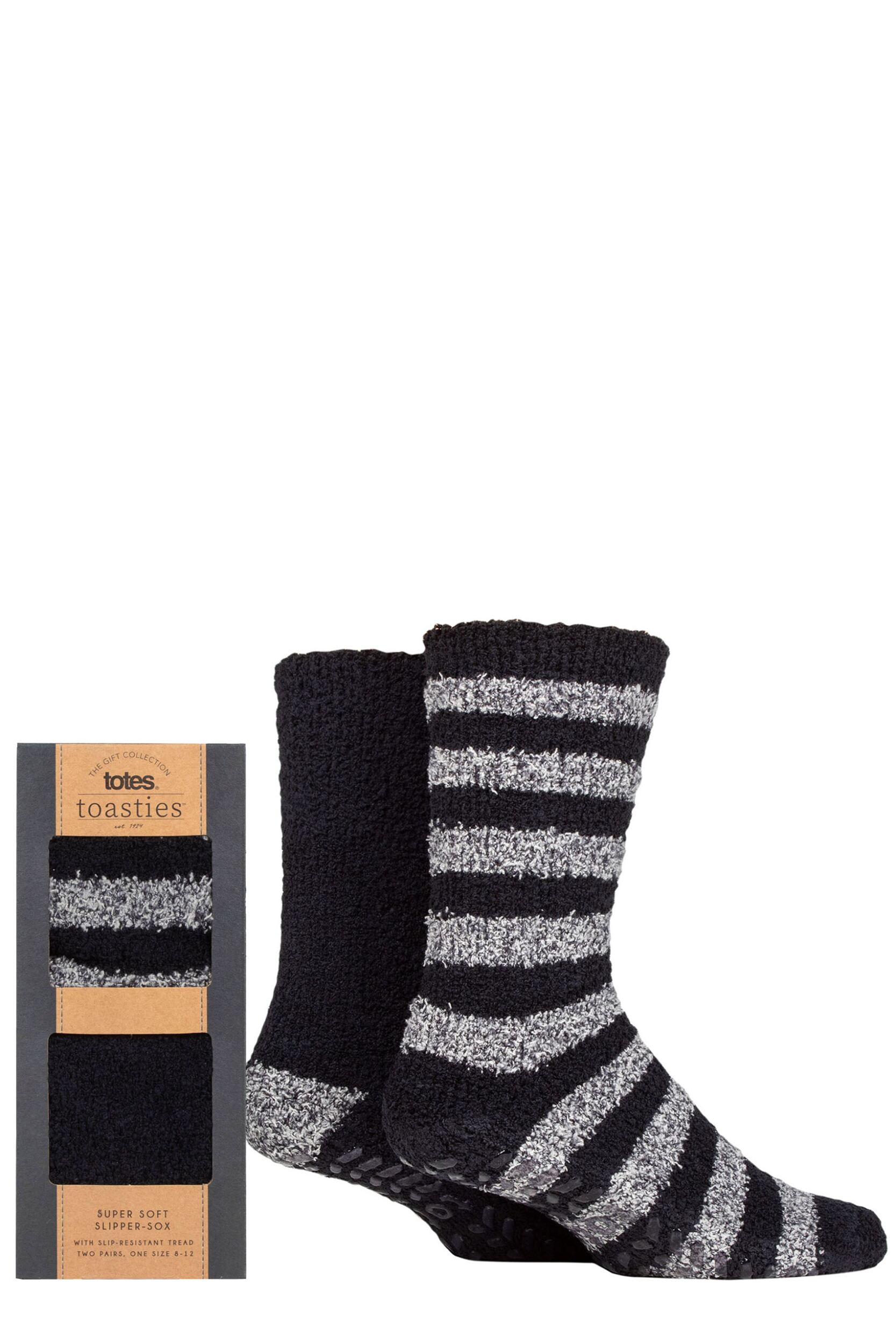 Mens 2 Pair Totes Twin Super Soft Stripe and Plain Slipper Socks Black 8-12 Mens