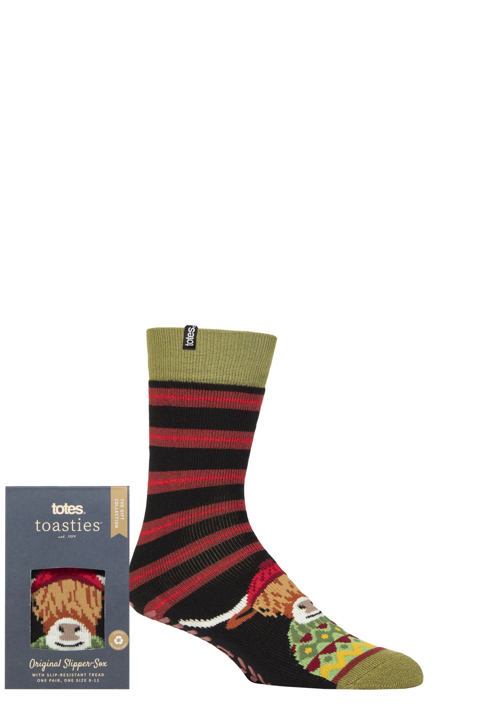 Mens 1 Pair Totes Original Novelty Slipper Socks with Grip Highland Cow 8-11 Mens