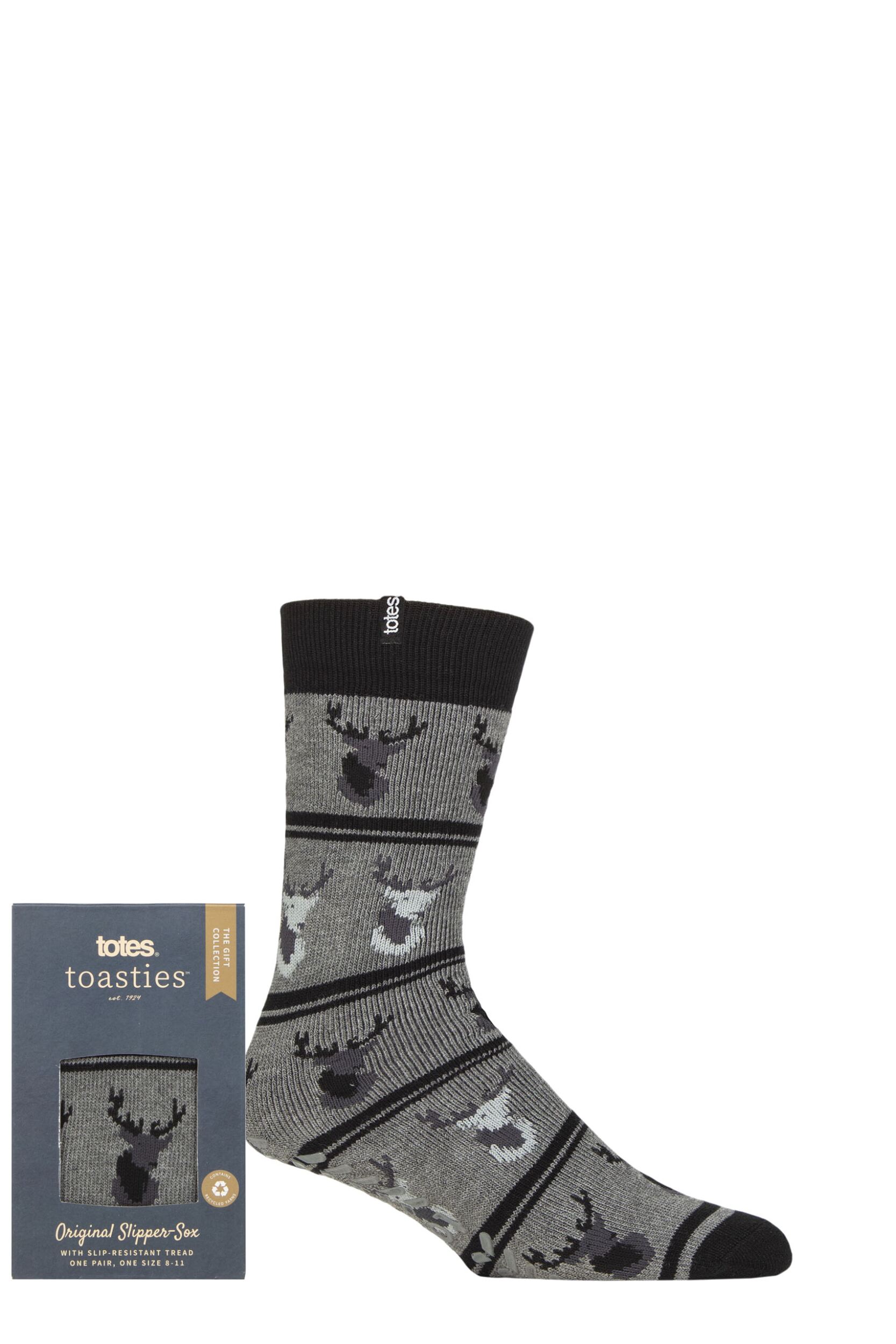 Mens 1 Pair Totes Original Novelty Slipper Socks with Grip Stag 8-11 Mens