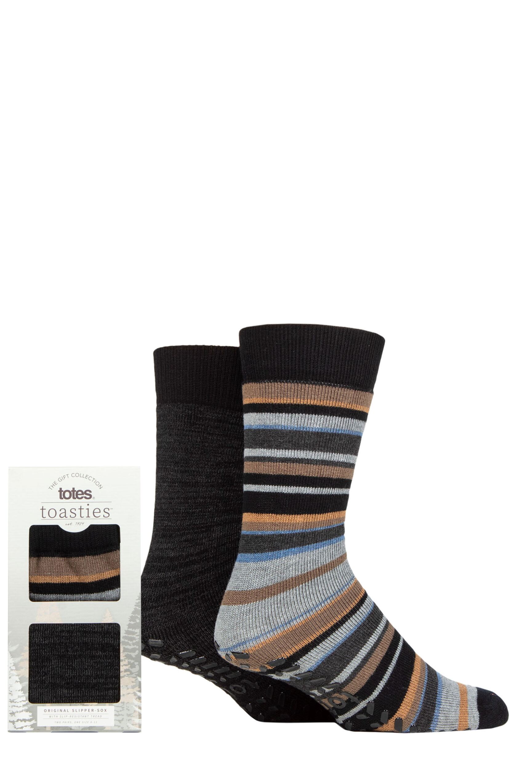 Mens 2 Pair Totes Original Plain and Patterned Slipper Socks Stripe 7-12 Mens