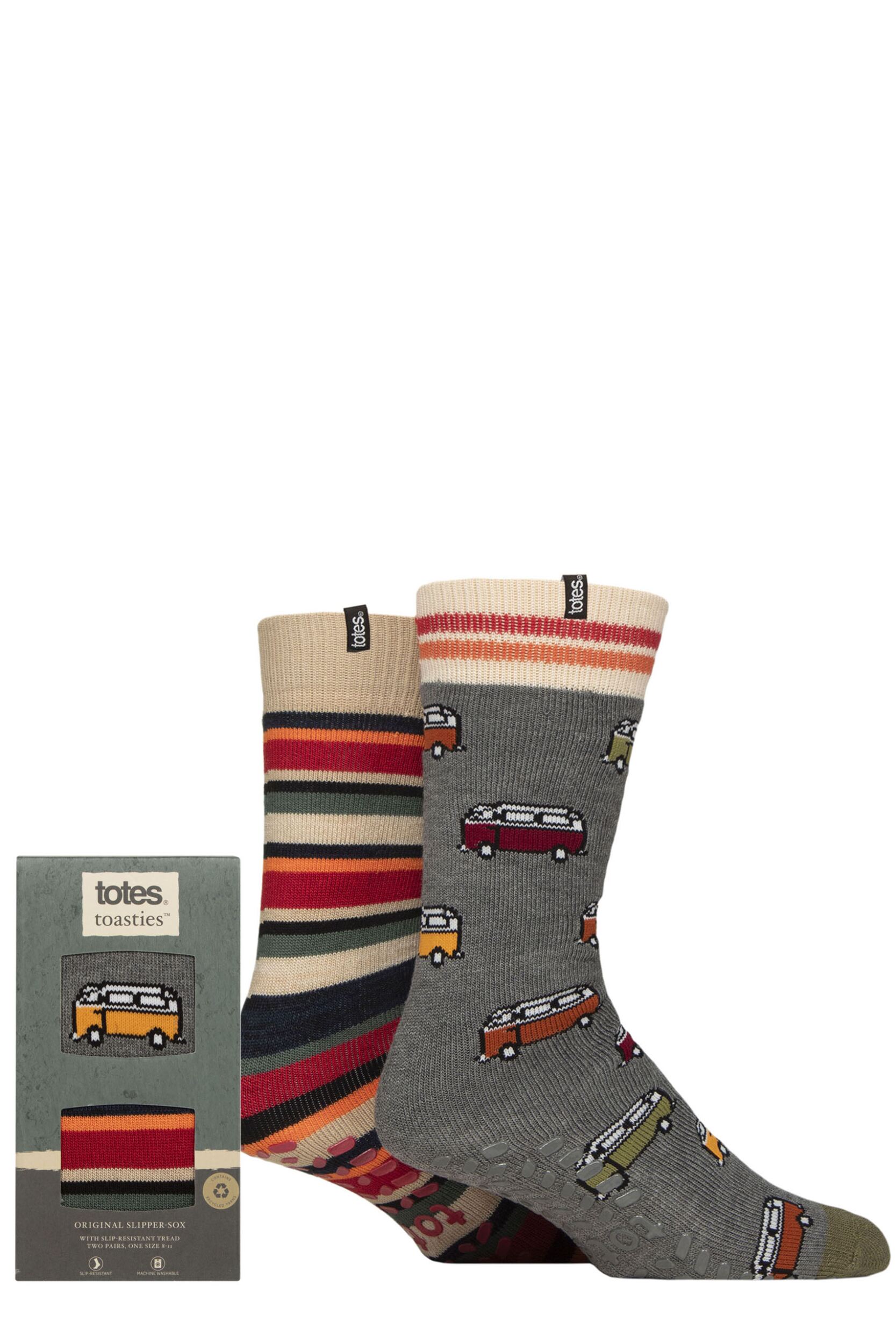 Mens 2 Pair Totes Original Plain and Patterned Slipper Socks Campervan 7-12 Mens