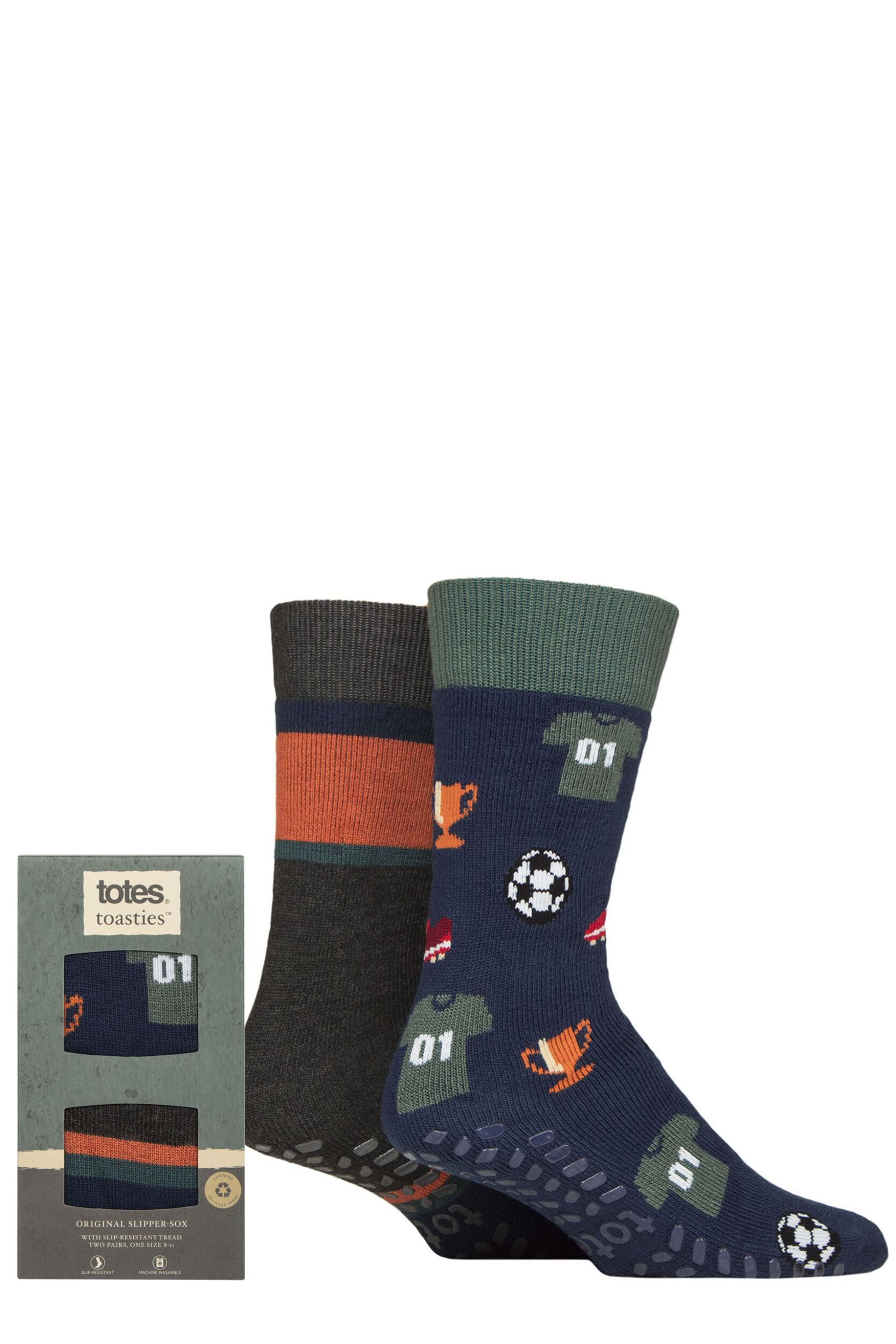 Mens 2 Pair Totes Original Plain and Patterned Slipper Socks Football 7-12 Mens