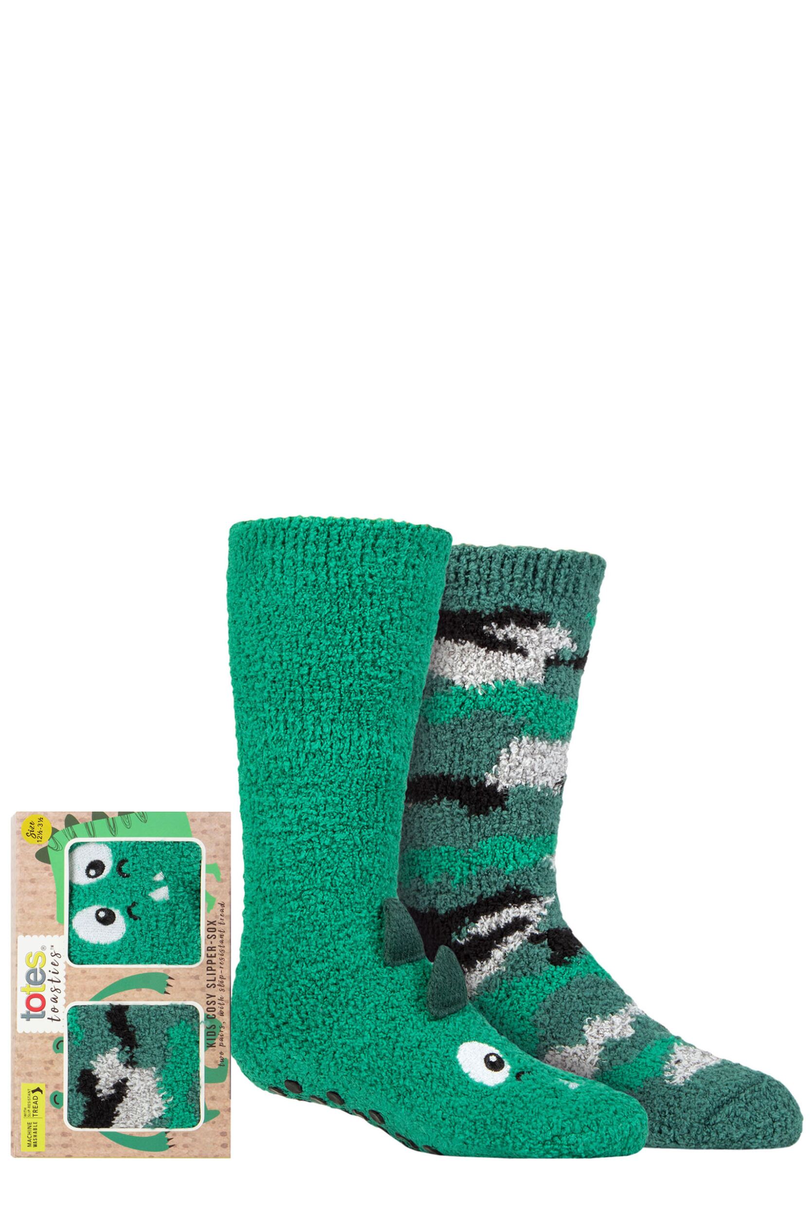 Boys and Girls 2 Pair Totes Super Soft Slipper Socks Dinosaur Camo 2-3 Years
