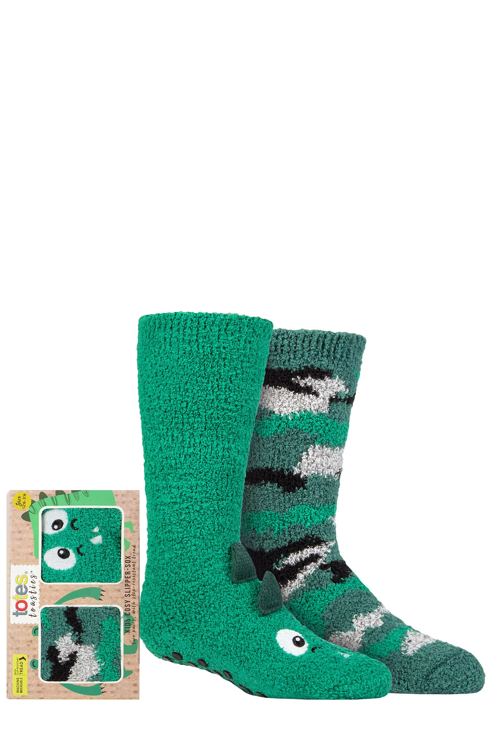 Boys and Girls 2 Pair Totes Super Soft Slipper Socks Dinosaur Camo 2-3 Years