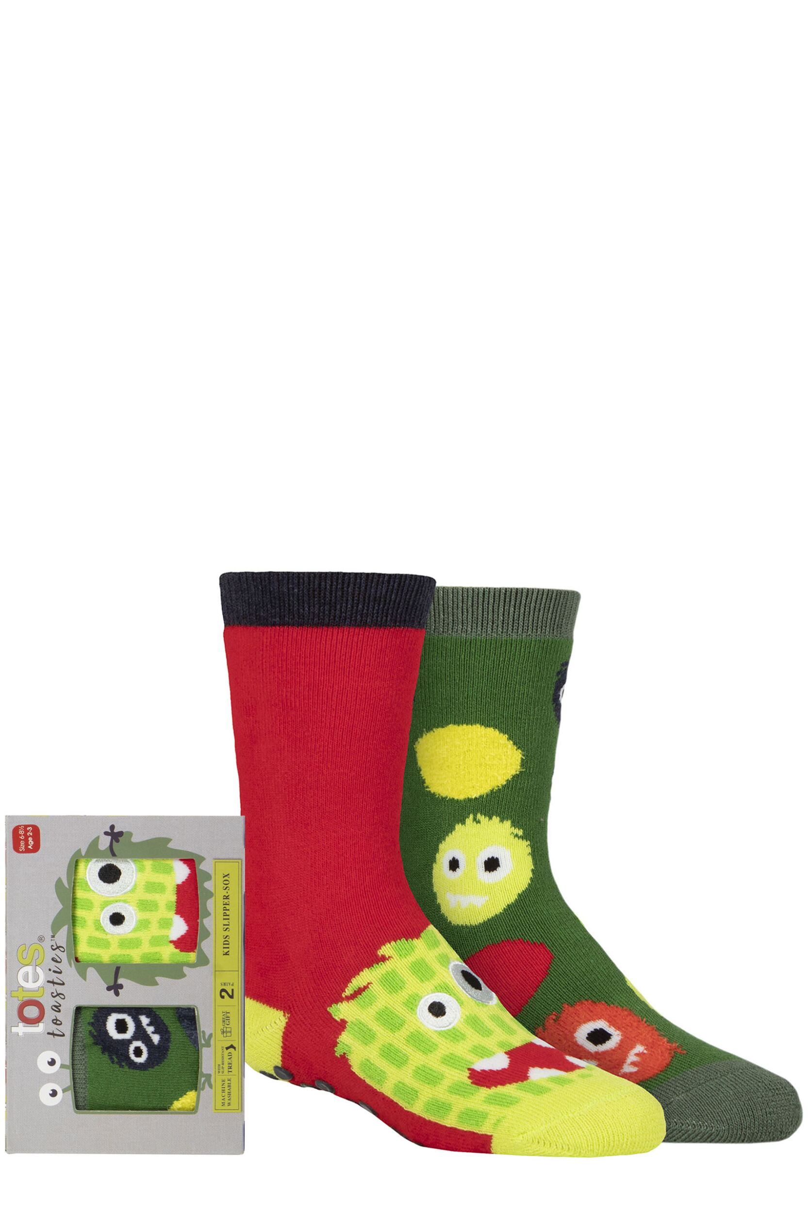 Image of Boys 2 Pair Totes Tots Originals Novelty Slipper Socks Monster 1-2 Years