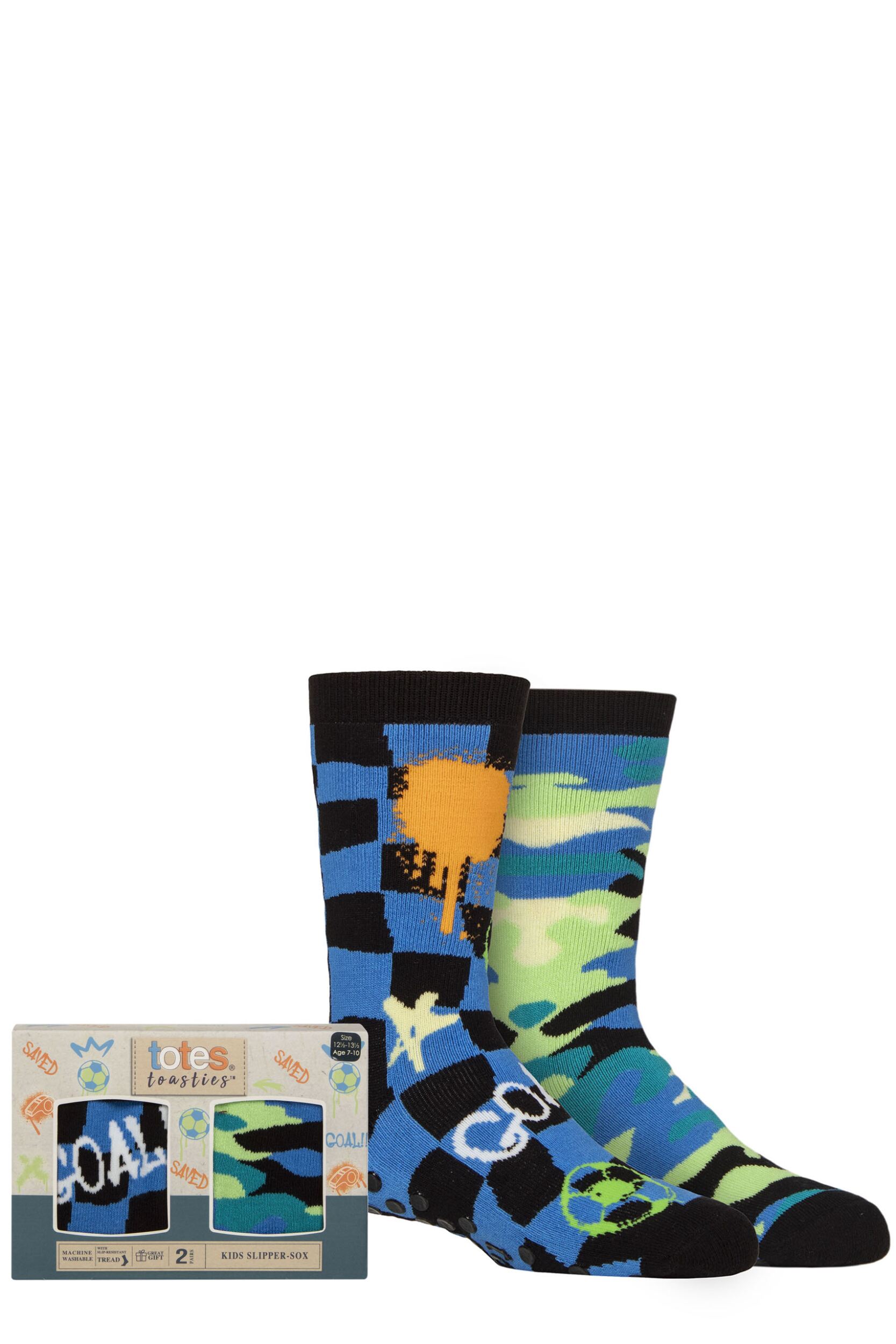 Boys 2 Pair Totes Originals Novelty Slipper Socks Football / Camo 7-10 Years