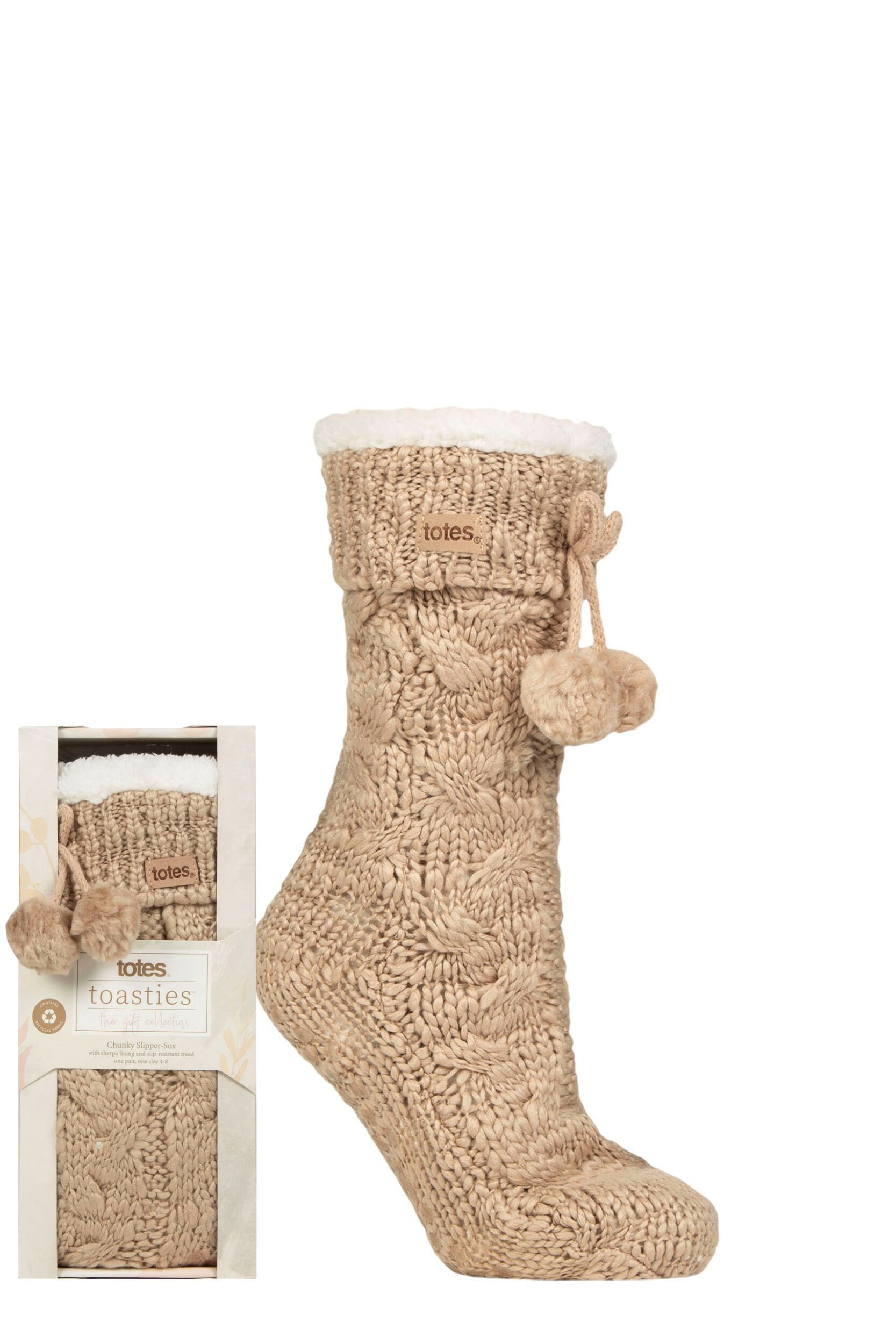 Women's 1 Pair Totes Chunky Knit Fluffy Slipper Socks Oat 4-8 Ladies