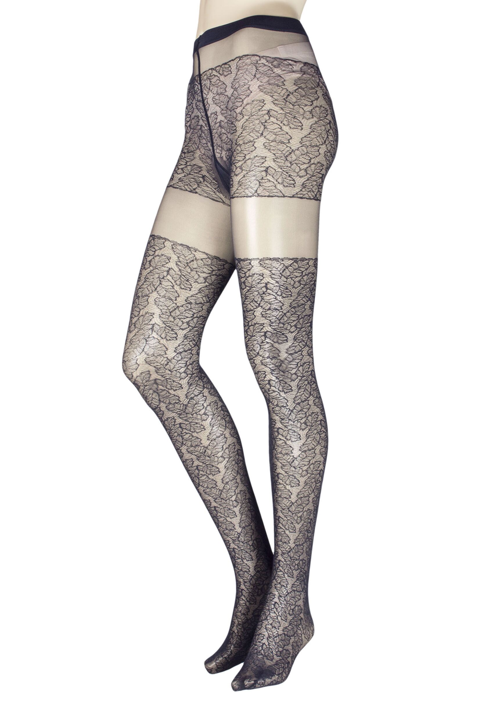 Image of Ladies  Pair Falke Leaves Dream Tights Marine Small / Medium
