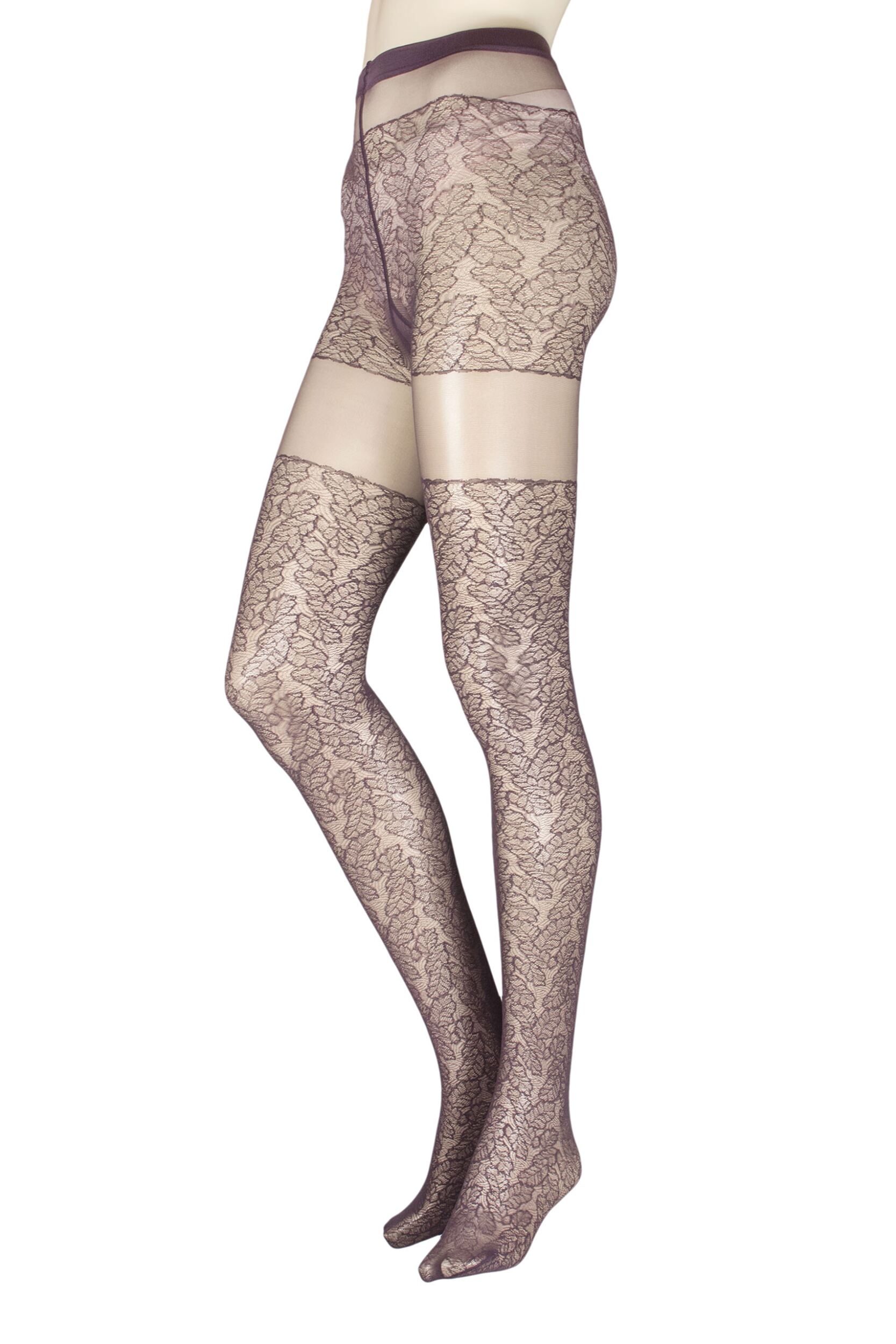 Image of Ladies  Pair Falke Leaves Dream Tights Violet Onyx Small / Medium