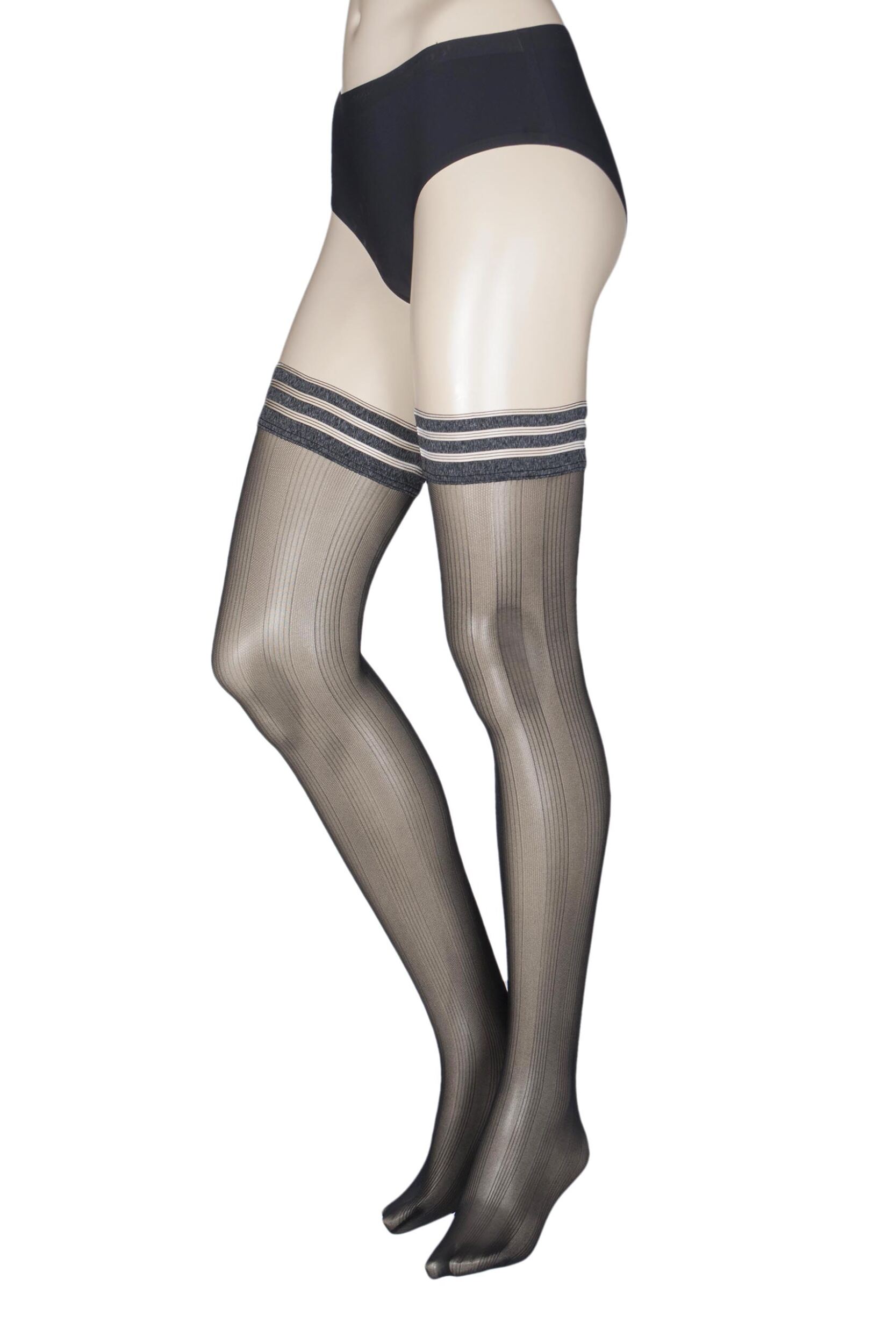 Image of Pair Black Soundless Night Striped Top Hold Ups Ladies Small - Falke