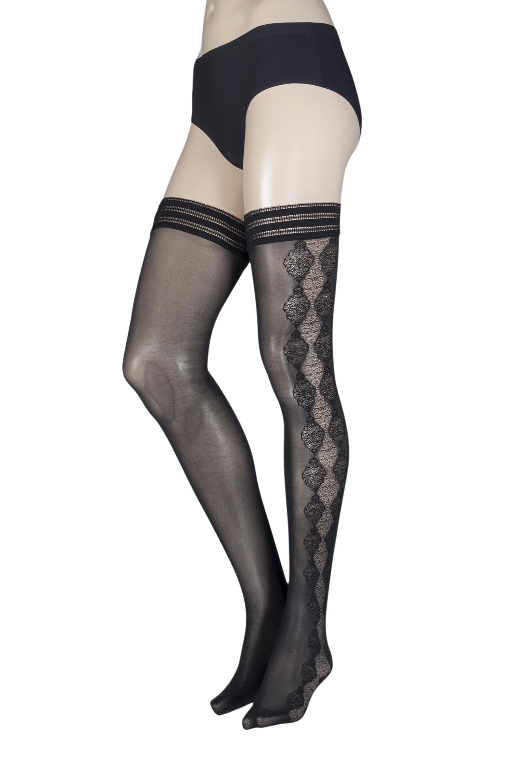 Image of Pair Black Damask Embellished Hold Ups Ladies Medium - Falke
