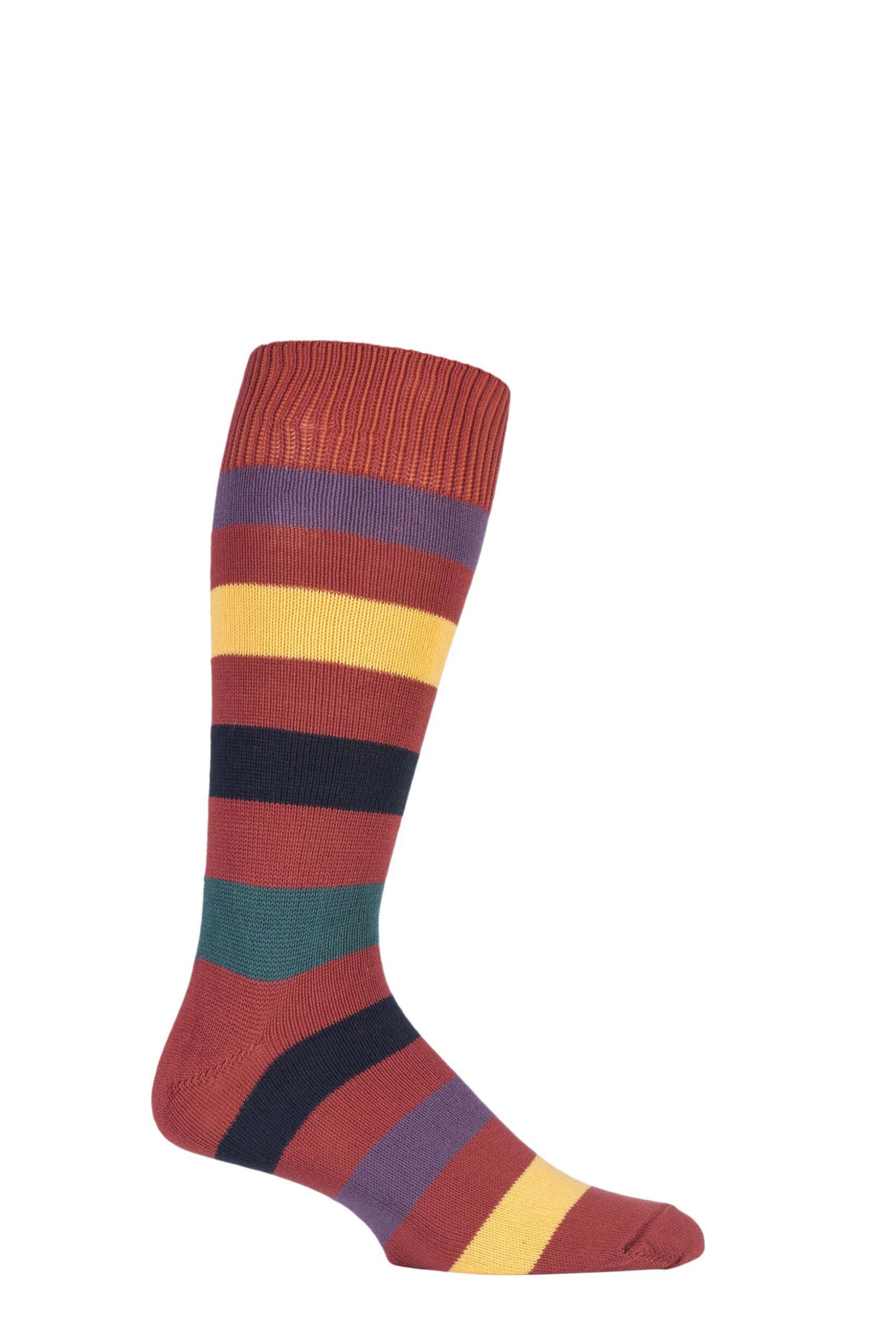 1 Pair Terracotta / Multi of London Bold Broad Stripe Cotton Socks Men's 12-14 Mens - SOCKSHOP of London