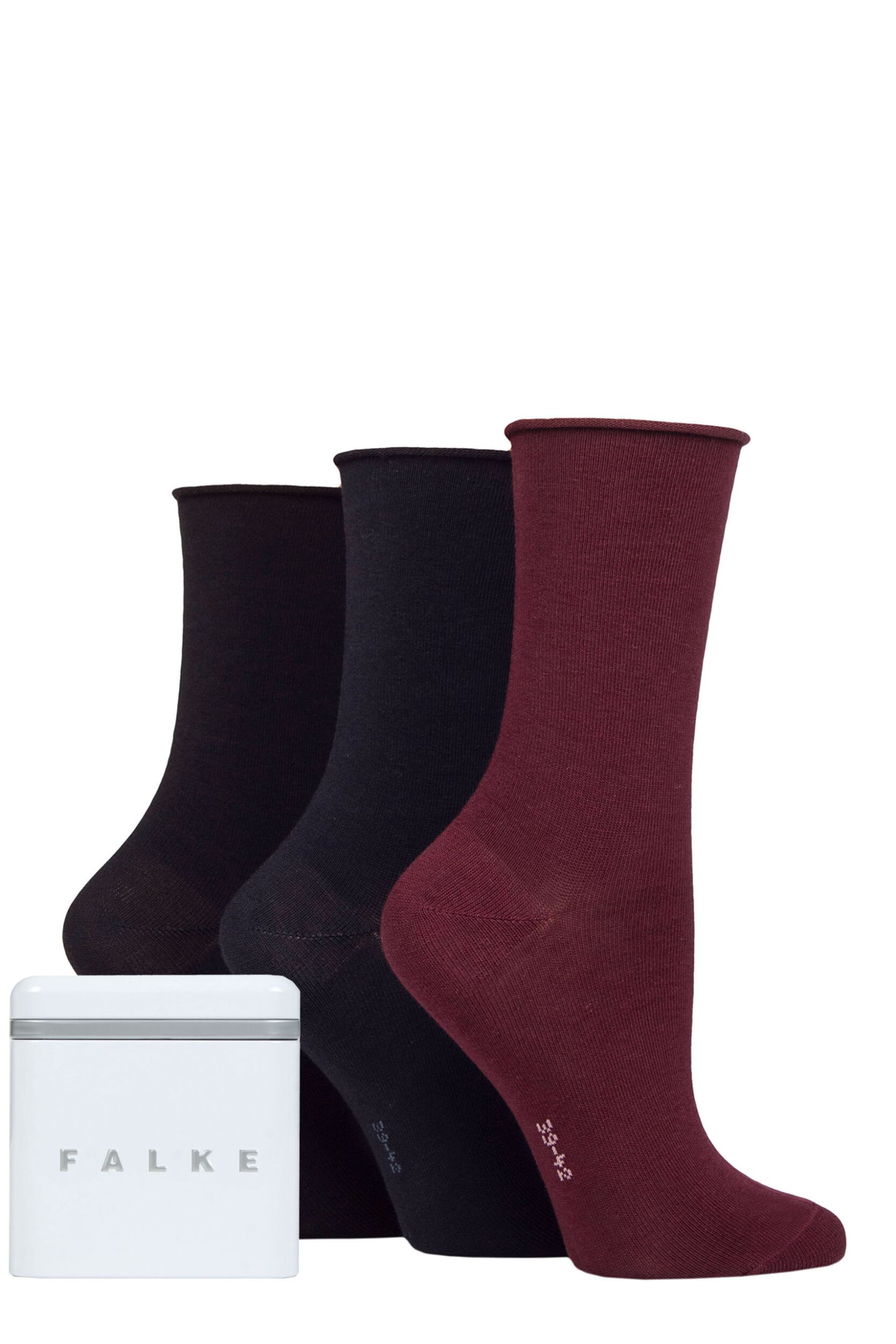 Women's 3 Pair Falke Happy Box Gift Boxed Socks Black / Navy / Burgundy 5.5-8