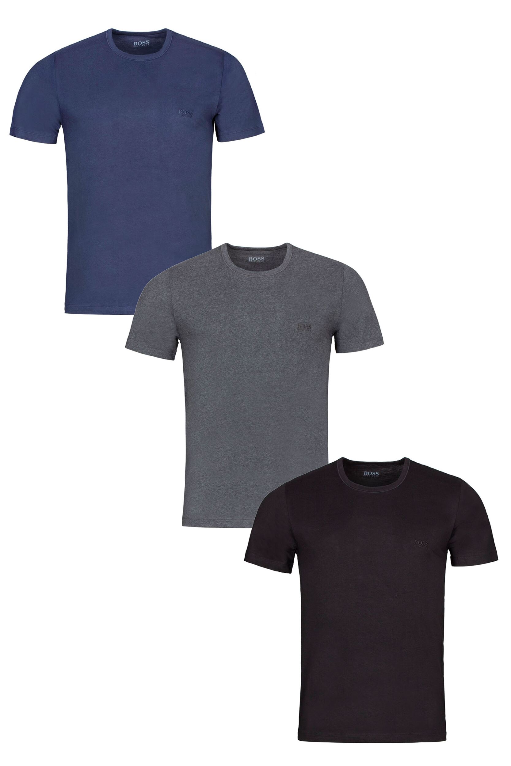 Mens 3 Pack BOSS Plain Cotton Stretch Round Neck T-Shirts Navy / Charcoal / Black S
