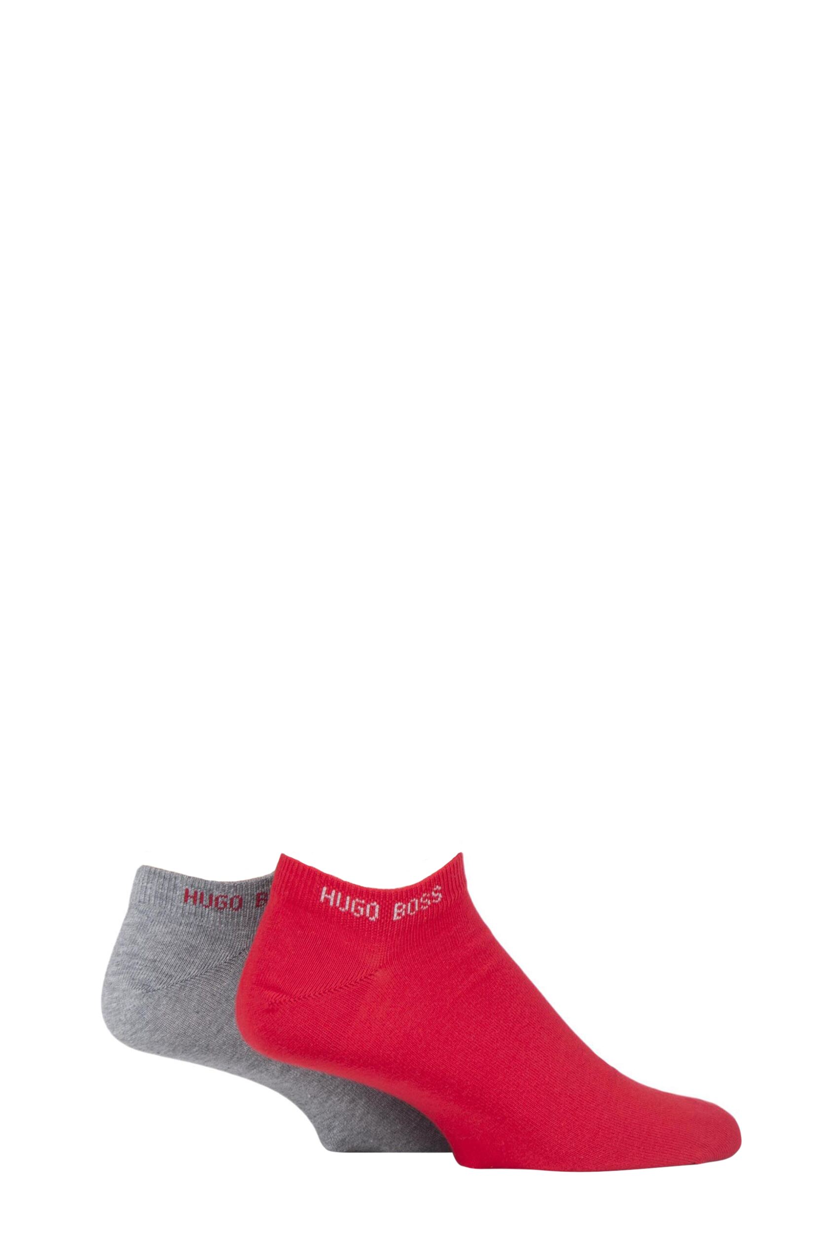 2 Pair Grey / Red Plain Cotton Trainer Socks Men's 5.5-8 Mens - Hugo Boss