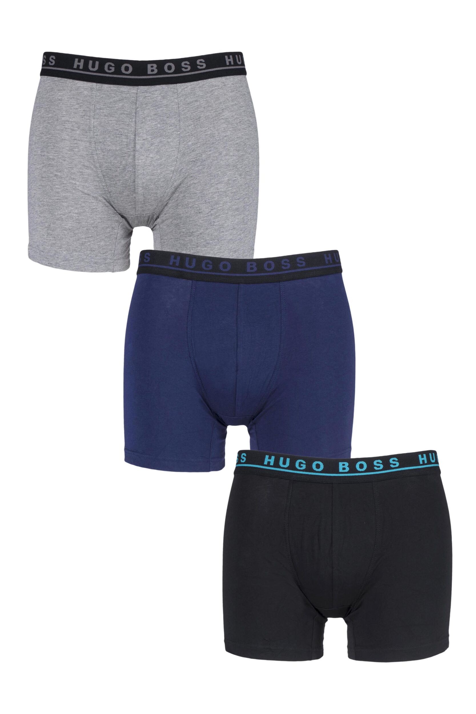 3 Pack Black / Navy / Grey BOSS Plain Cotton Stretch Longer Leg Boxer Briefs Men's Small - Hugo Boss