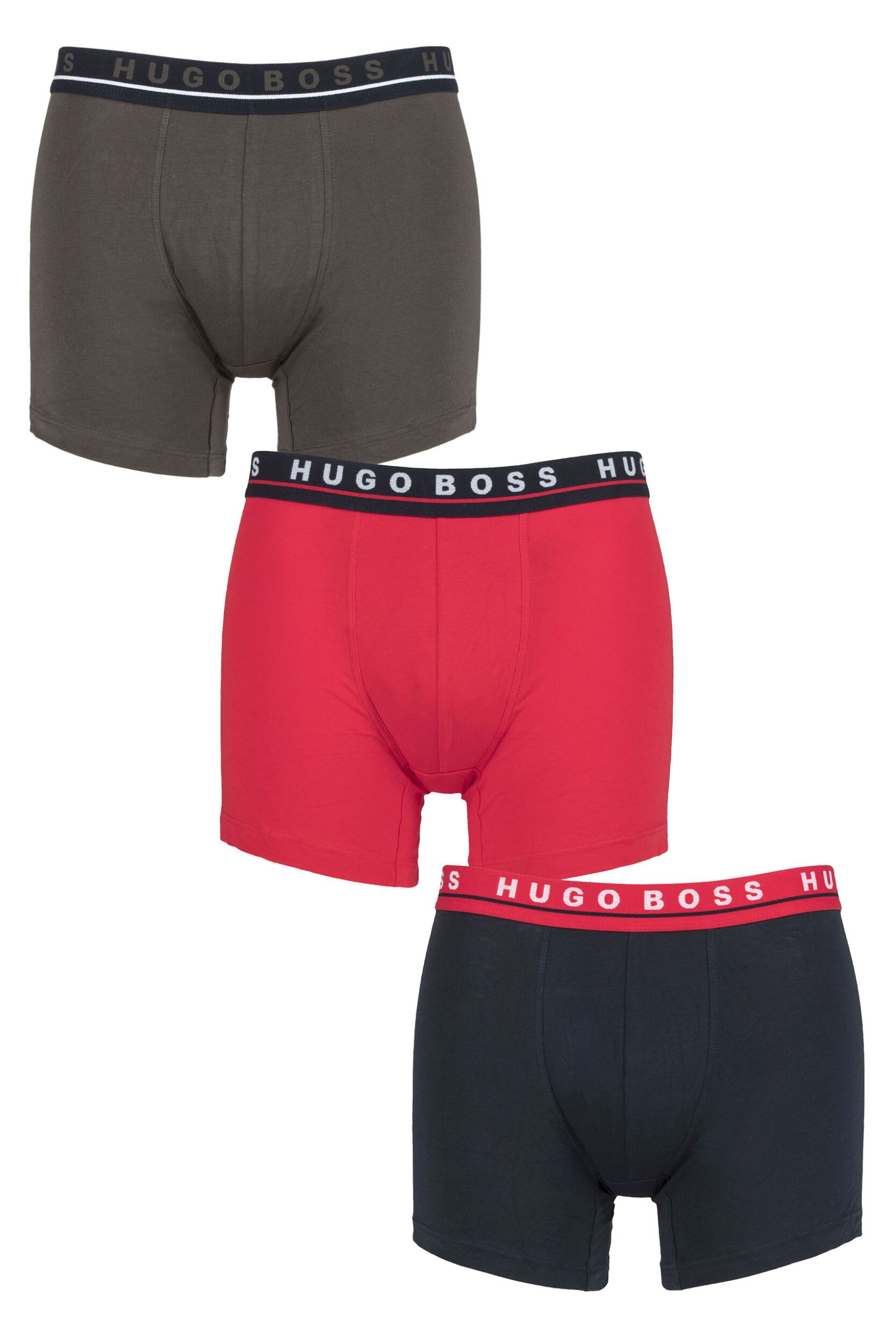 Mens 3 Pack BOSS Cotton Contrast Waistband Longer Leg Boxer Briefs Navy / Grey / Red Medium