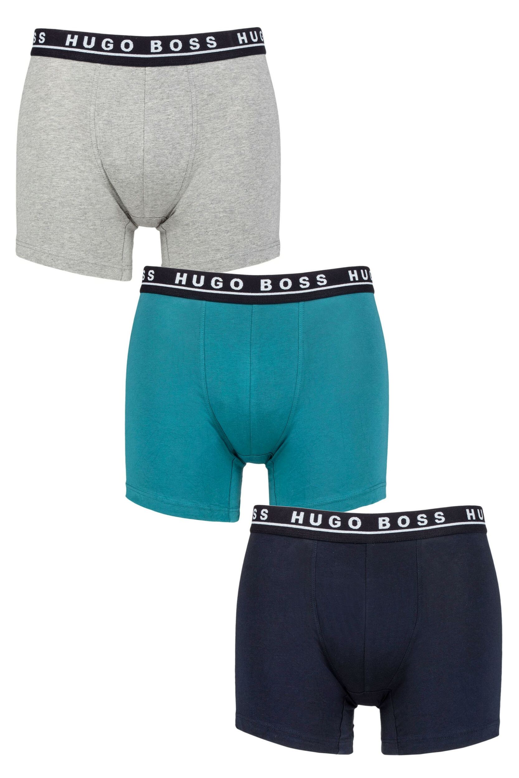 Mens 3 Pack BOSS Plain Cotton Stretch Longer Leg Boxer Briefs Navy / Grey / Green S