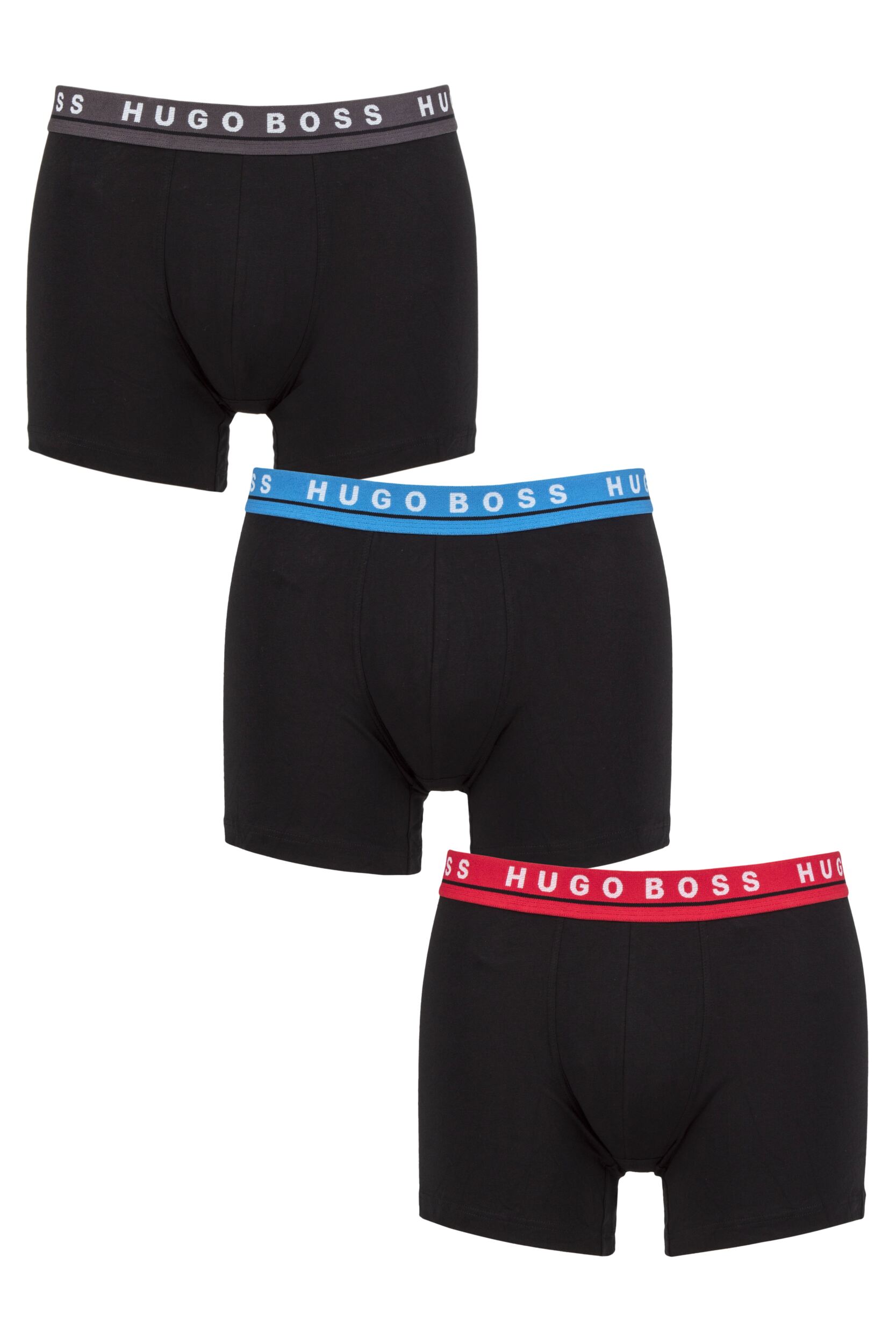 Mens 3 Pack BOSS Plain Cotton Stretch Longer Leg Boxer Briefs Blue / Red S