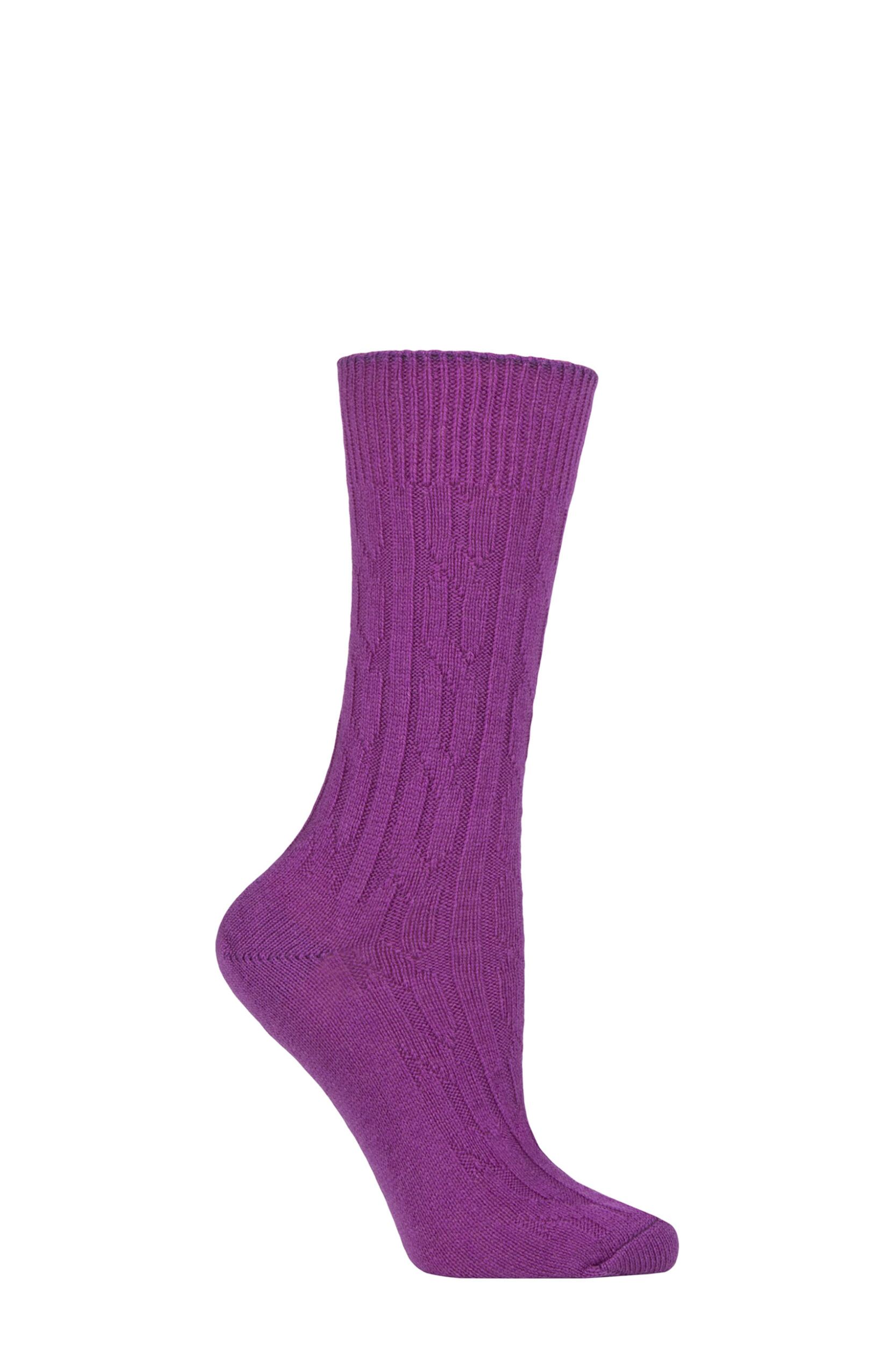 Women's 1 Pair SOCKSHOP of London 100% Cashmere Cable Knit Bed Socks Hollyhock 4-8 Ladies