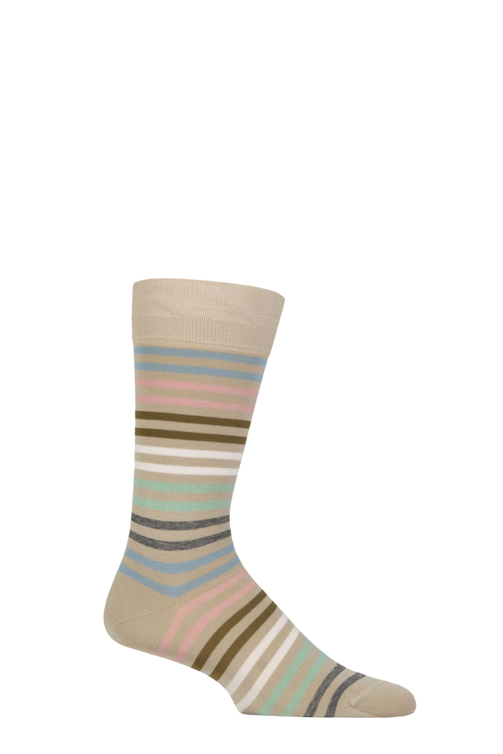 Image of Mens 1 Pair Pantherella Kilburn Striped Cotton Lisle Socks Stone 7.5-9.5 Mens