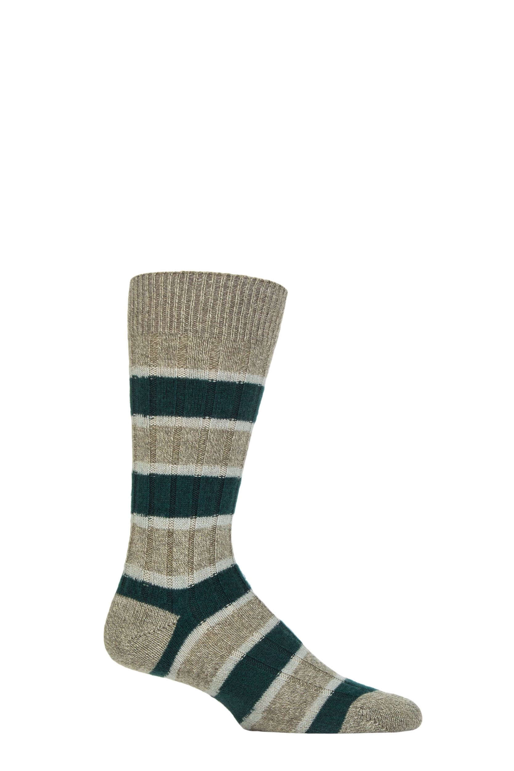 Mens 1 Pair Pantherella Stalbridge 85% Cashmere Striped Ribbed Socks Moss Green 7.5-9.5 Mens