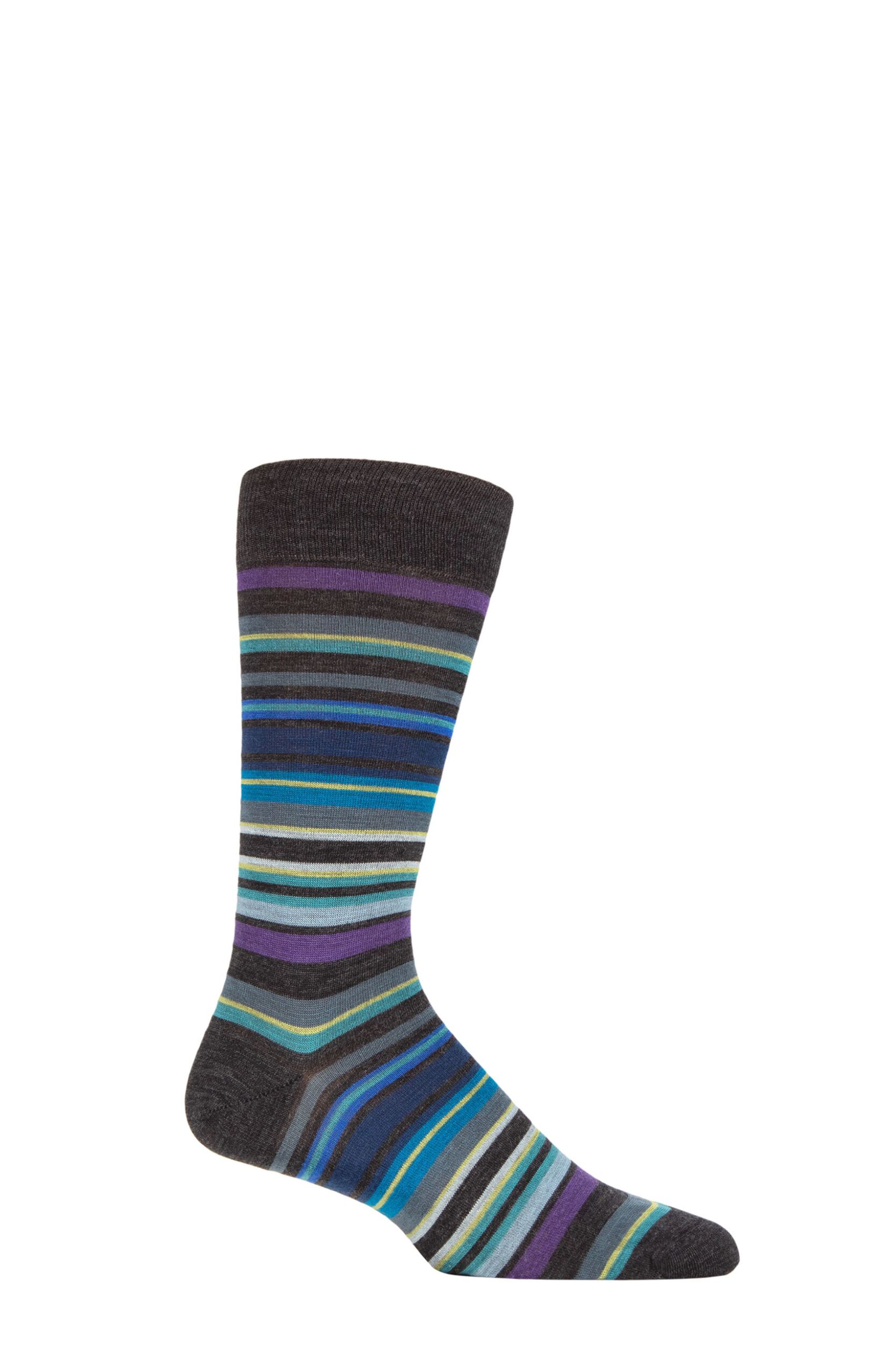 Mens 1 Pair Pantherella Quakers Merino Wool Striped Socks Charcoal 10-12 Mens