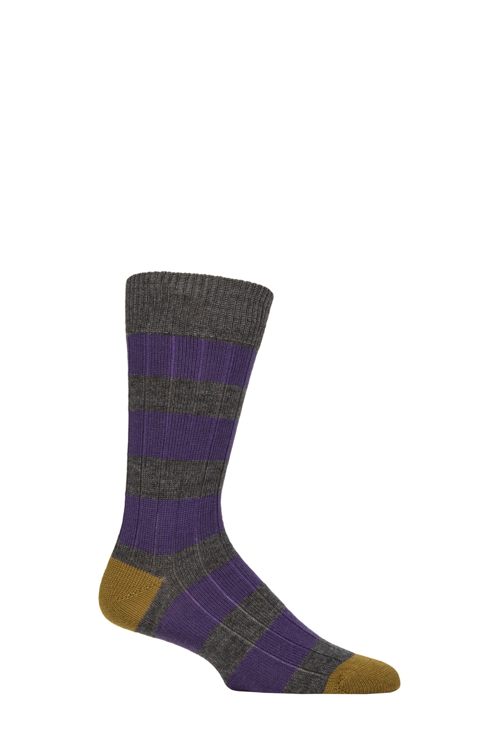 Mens 1 Pair Pantherella Fairford Leisure Weight Merino Wool Striped Socks Mid Grey 7.5-9.5 Mens
