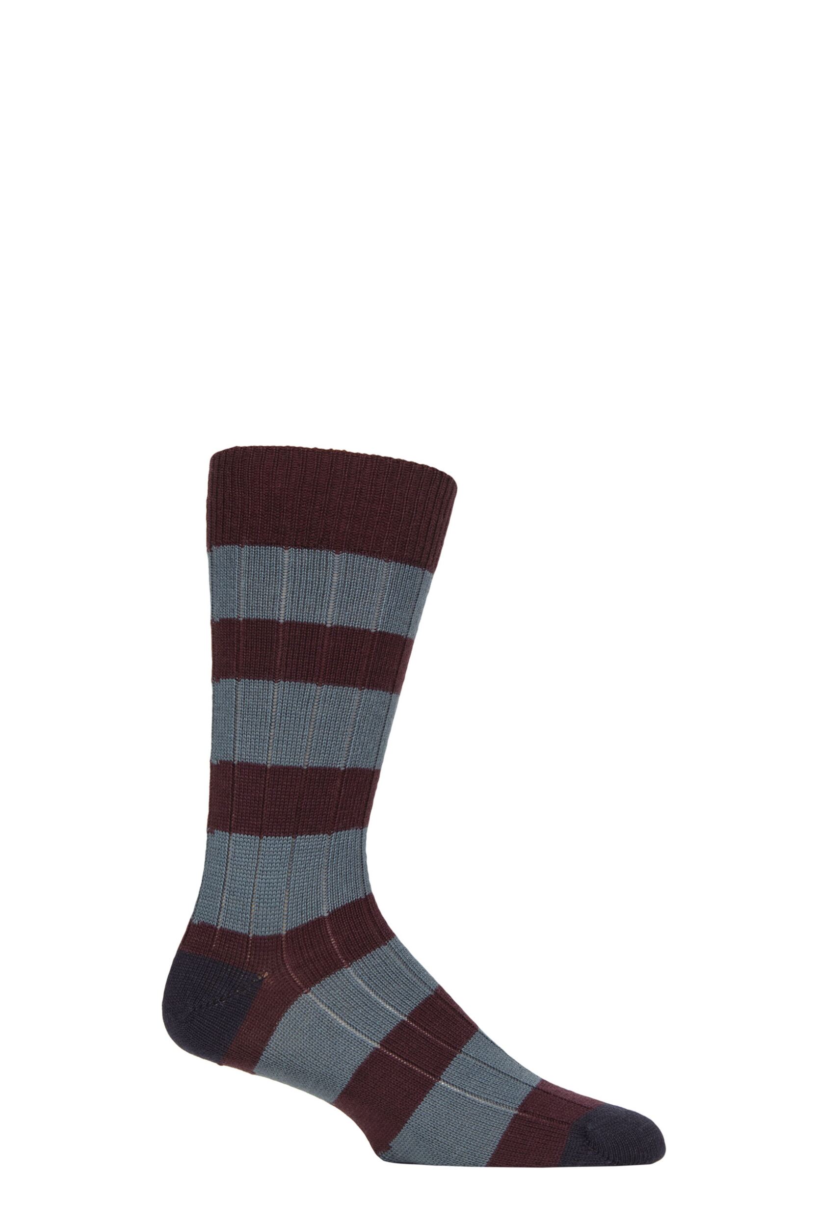 Mens 1 Pair Pantherella Fairford Leisure Weight Merino Wool Striped Socks Maroon 7.5-9.5 Mens